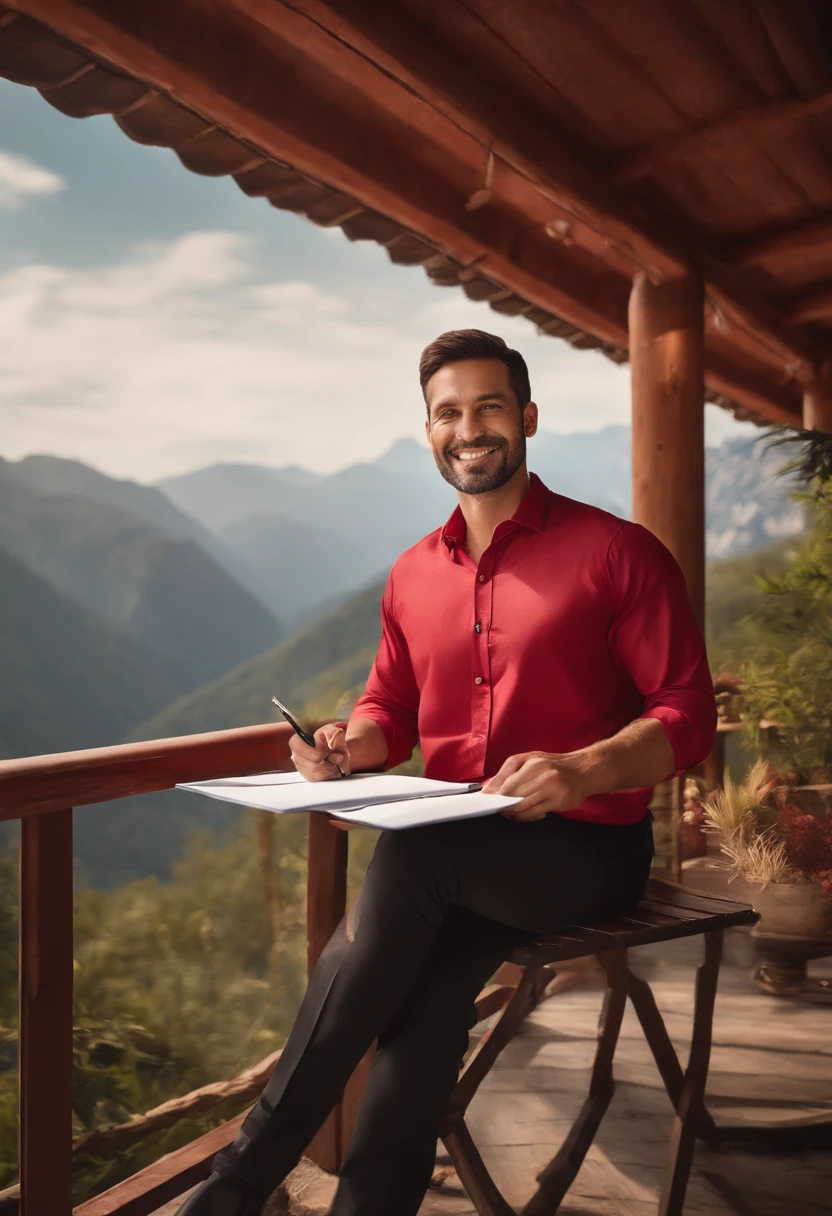35 year old handsome man, weight 75, height 167 cm, wearing a red office shirt, mountains in the background, super-super realistic, smiling sweetly, holding a pen