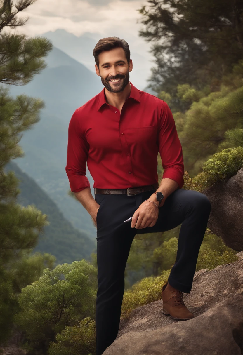 35 year old handsome man, weight 75, height 167 cm, wearing a red office shirt, mountains in the background, super-super realistic, smiling sweetly, holding a pen