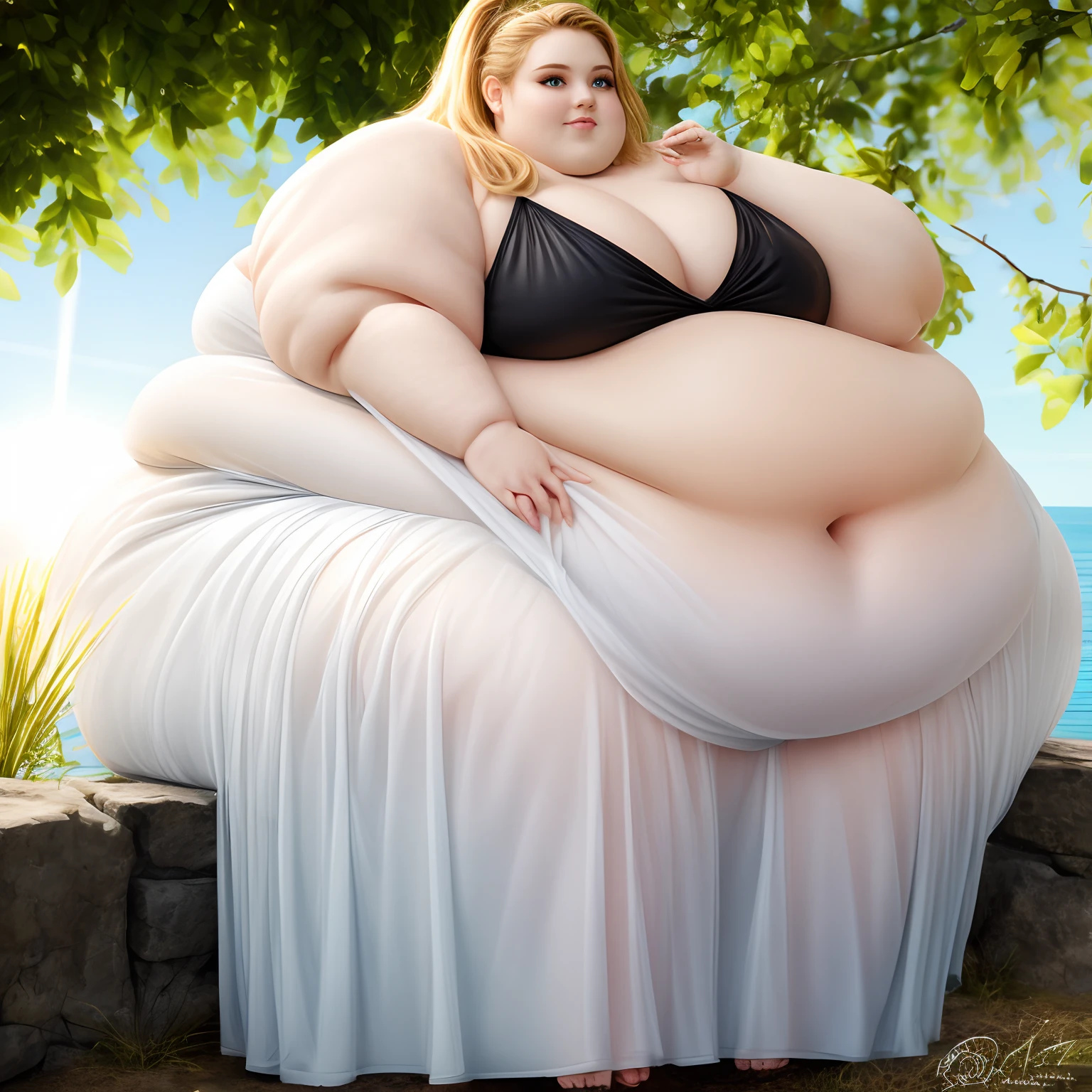 Professional photography, Rule_of_thirds, 1 girl, extremely obese, (obese belly):1.8, (obese legs):1.5, fat rolls, massive SSBBW body, massive hyperbelly, soft massive obese belly, cute chubby feminine face, sensual pose, soft obese thighs, soft obese legs, soft obese breasts, soft obese arms, soft chubby hands, soft chubby feet, Serene expression, mesmerizing eyes, gorgeous supermodel face, straight long blonde hair, elegant transparent dress, poised posture, porcelain skin, subtle blush, SFW, fat ripping through clothes, angelic,
BREAK
golden hour, (rim lighting):1.2, warm tones, sun flare, soft shadows, vibrant colors, painterly effect, dreamy atmosphere, heavenly,
BREAK
scenic lake, distant mountains, willow tree, calm water, reflection, sunlit clouds, peaceful ambiance, idyllic sunset, ultra detailed, official art, unity 8k wallpaper,