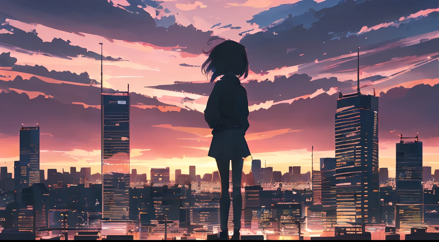 Anime girl standing on a rooftop overlooking the city skyline at sunset, 4k anime wallpaper, Anime art wallpaper 8k, anime wallpaper 4k, anime wallpaper 4 k, 4 k manga wallpaper, anime art wallpaper 4k, anime art wallpaper 4k, anime style 4 k, ultra hd anime wallpaper, ilya kuvshinov landscape, hd anime cityscape