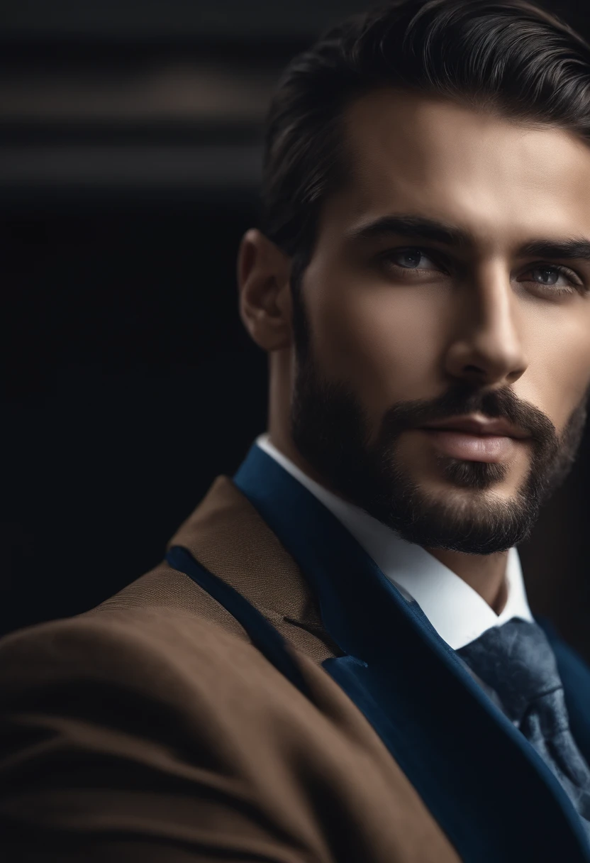 (homem profissional em roupas elegantes), (Sem barba,) (olhos azuis) (retrato) Beautiful and serious appearance, Cabelo azul escuro, elegante e elegante, e corpo forte camisa branca muito formal, (Imagem realista e de alta qualidade), ((best quality, 8k, piece of master).
