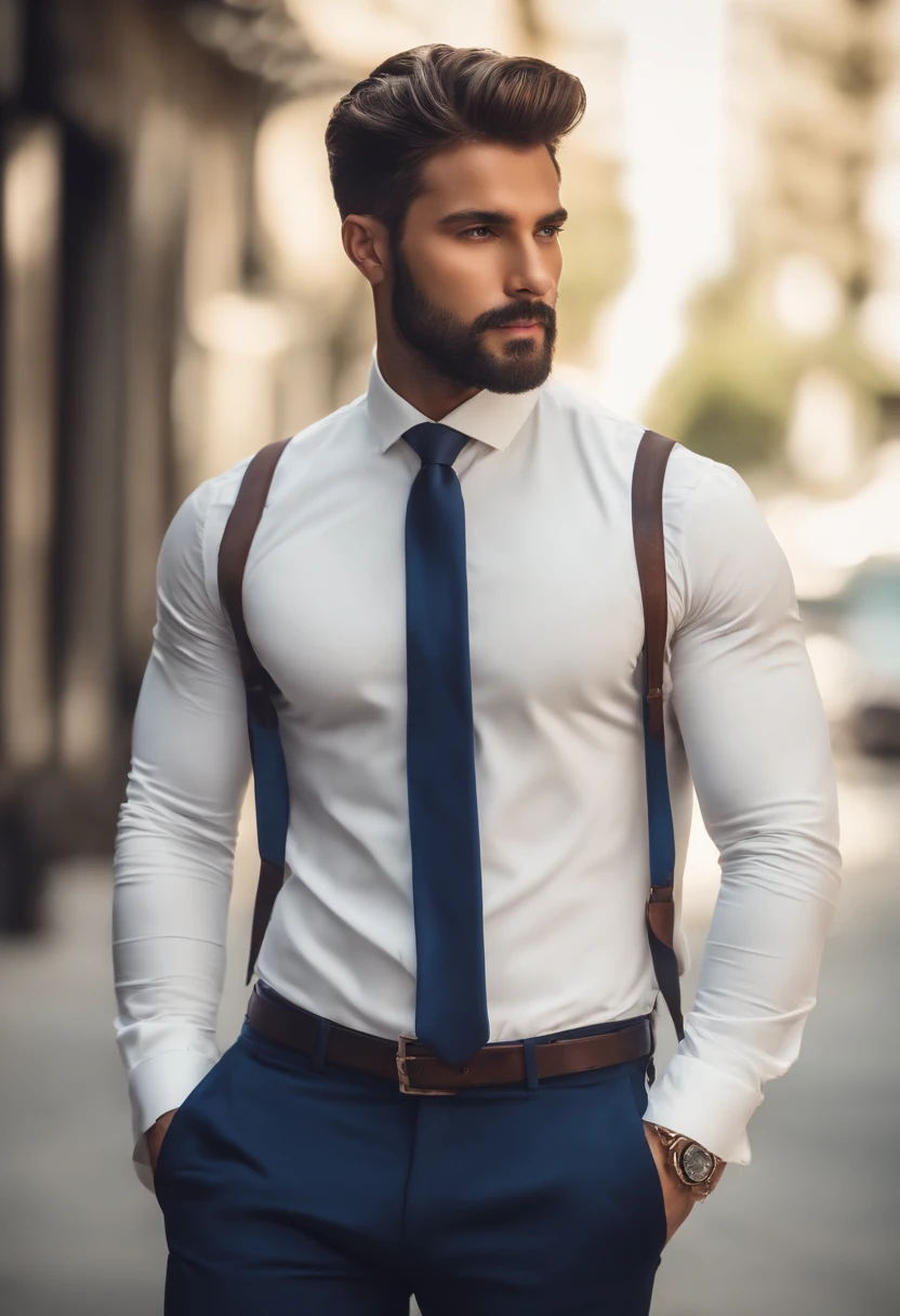 (homem profissional em roupas elegantes), (Sem barba,) (olhos azuis) (retrato) Beautiful and serious appearance, Cabelo azul escuro, elegante e elegante, e corpo forte camisa branca muito formal, (Imagem realista e de alta qualidade), ((best quality, 8k, piece of master).