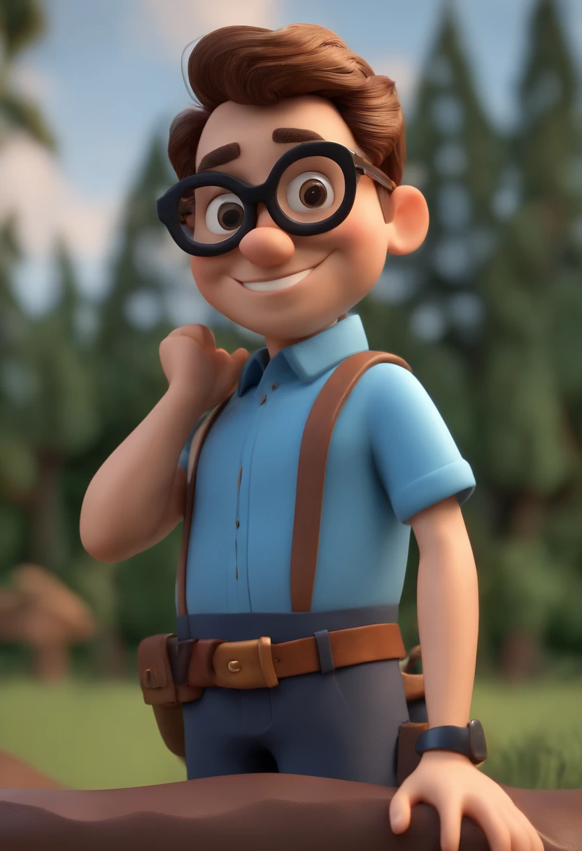 Cartoon character of a man wearing black glasses and a blue shirt, um personagem animado, Caractere estilizado, animation style rendering, 3D estilizado, Arnold Maya render, 3 d render stylized, toon render keyshot, Personagem 3D, Personagem 3D, 3d rendering stylized, 3 d character render, personagem de desenho animado, Personagem de close up, Pose de personagem, (Estilo Pixar) (master part:1.2) (Bokeh) (best quality) (pele detalhada) (textura detalhada) (8k) (argila) (Cinematic lighting) (foco nítido,Senta e vaza a parte superior do corpo