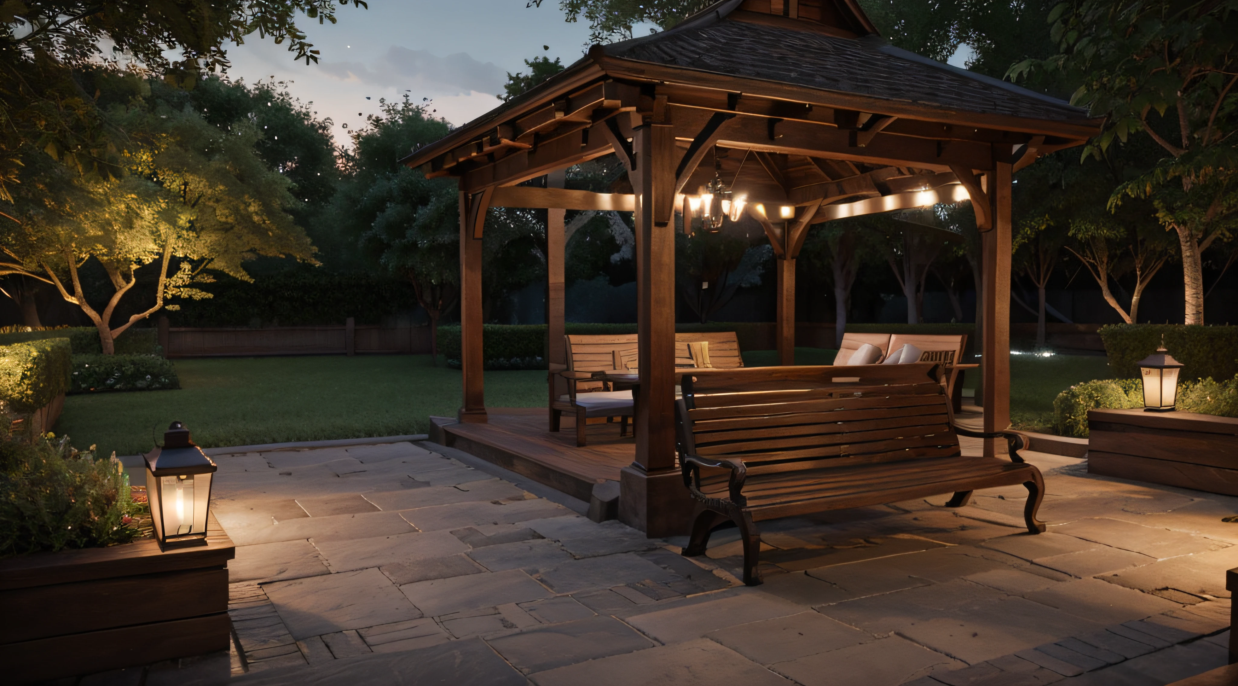 Colonial style square with wooden bench ultra realistic 3D night lighting