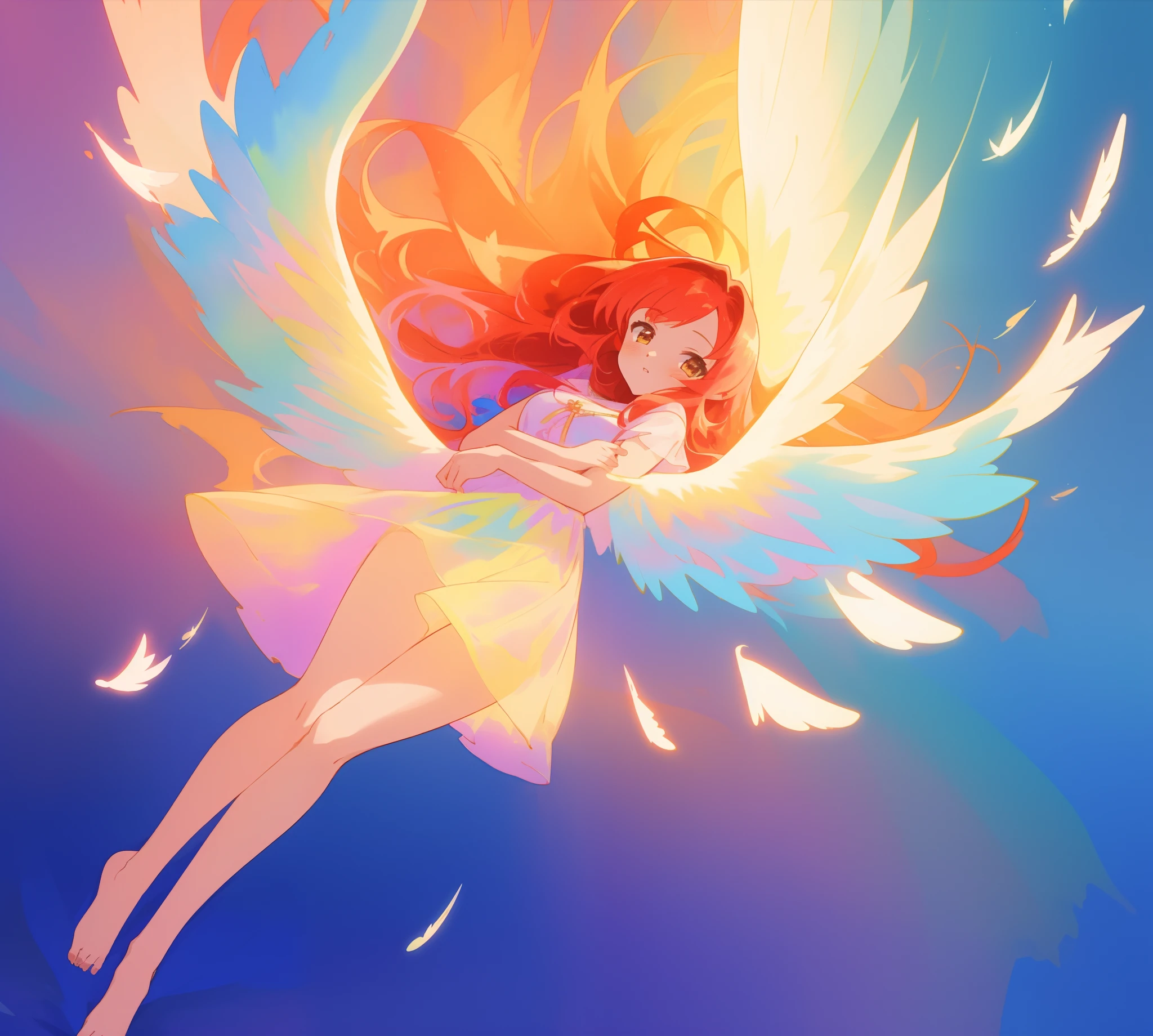 beautiful angel girl barefoot in shimmering long colorful dress, shimmering sheer dress with flowing skirt, ((colorful angel wings)), vibrant pastel colors, long flowing red hair, colorful fantasia background, watercolor illustration, beautiful, masterpiece, best quality, beautiful face, ((angel)), ((angel wings)), sharp focus, intricate details, beautiful anime girl, golden ratio, perfect composition
