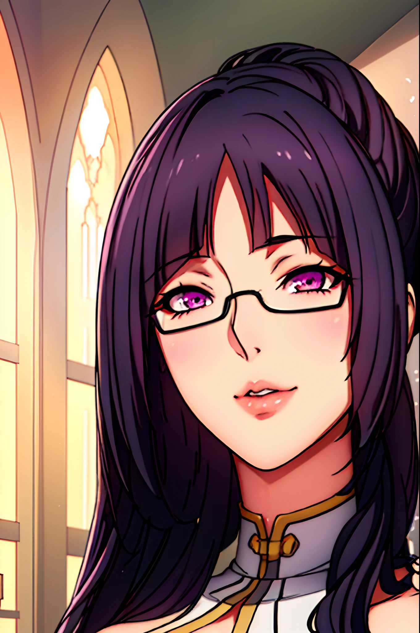 Beautiful, (wedding dress:1), pov on top, standing pose, hands grabbing on breasts, church background, semi-rimless eyewear, black hair, very long hair, ponytail,Bangs,purple eyes, 1 girl, 20yo,Young female,Beautiful Finger,Beautiful long legs,Beautiful body,Beautiful Nose,Beautiful character design, perfect eyes, perfect face,expressive eyes,perfect balance, (innocent_big_eyes:1.0), official art,extremely detailed CG unity 8k wallpaper, perfect lighting,Colorful, Bright_Front_face_Lighting,shiny skin, (masterpiece:1.0),(best_quality:1.0), ultra high res,4K,ultra-detailed, photography, 8K, HDR, highres, absurdres:1.2, Kodak portra 400, film grain, bokeh:1.2, lens flare, (vibrant_color:1.2),professional photograph, (Beautiful,large_Breasts:1.4), (beautiful_face:1.5)