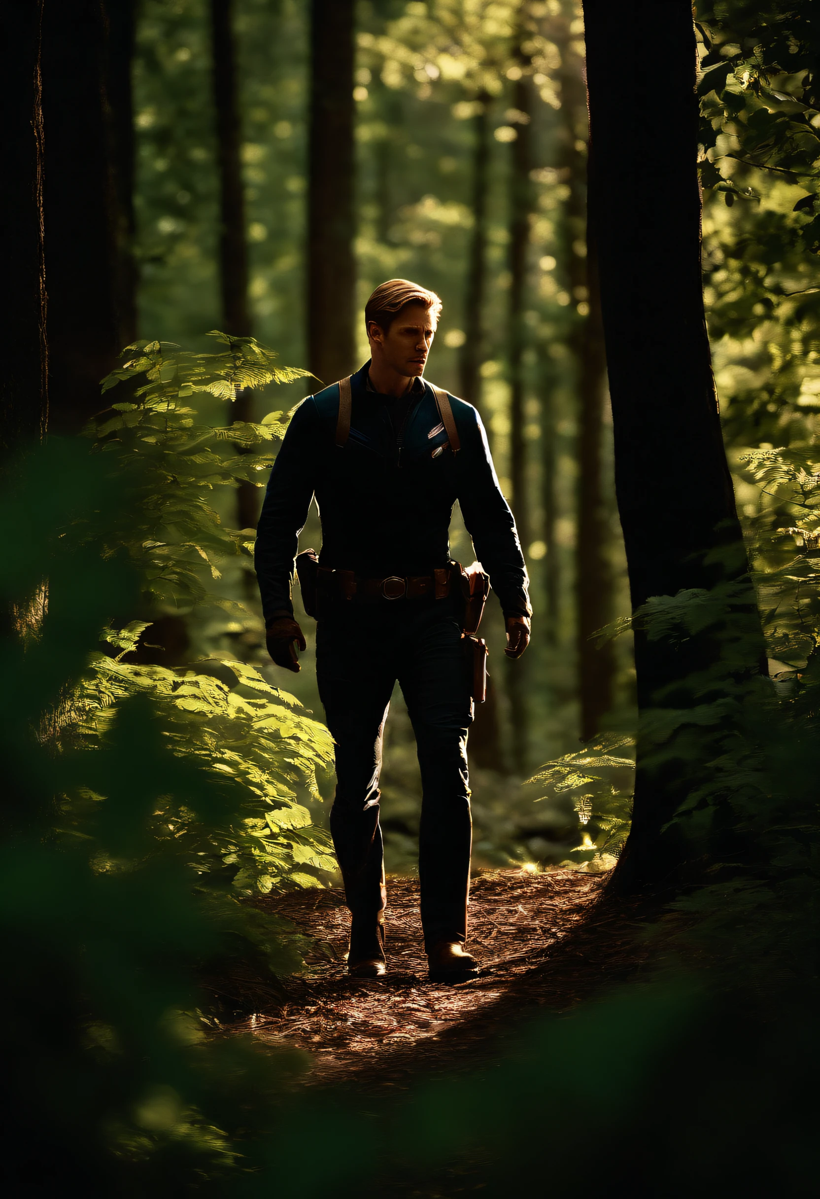 As Steve Rogers navigates through the thick underbrush of the woods, he can feel the presence of four HYDRA agents lurking in the shadows. The sun filters through the leaves, illuminating the tension in the air