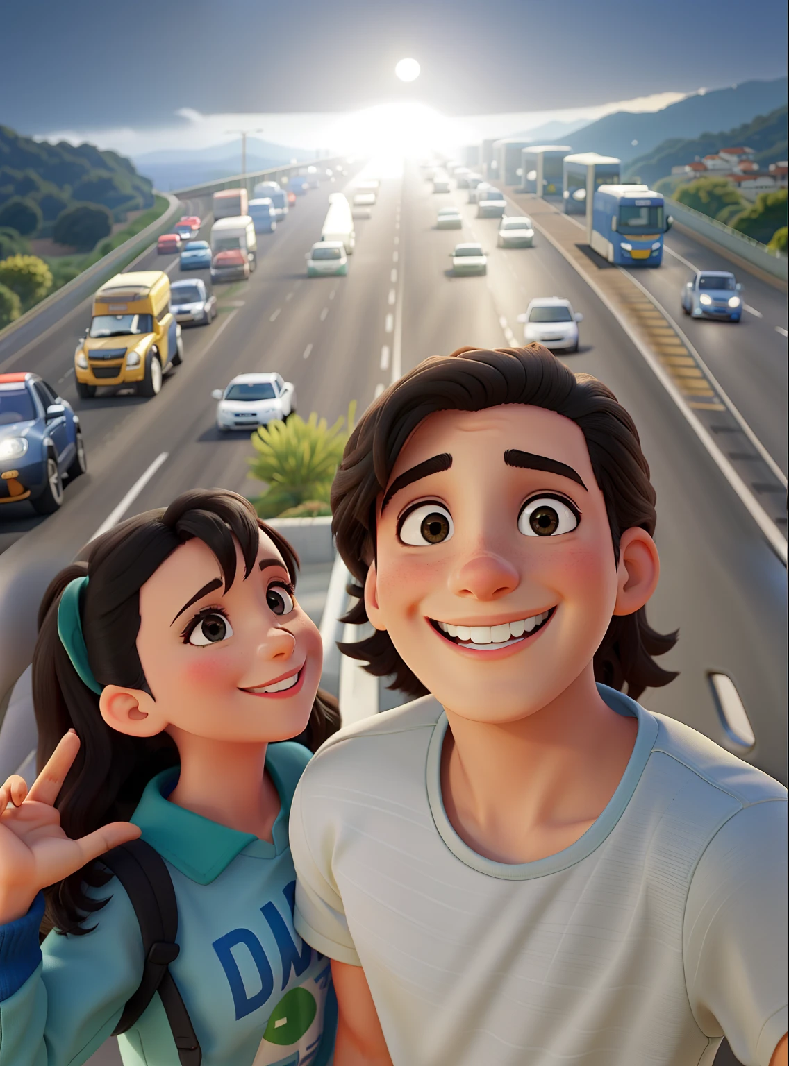 Casal jovem sorrindo juntos lado a lado. Ao fundo, rodovia com carros passando.