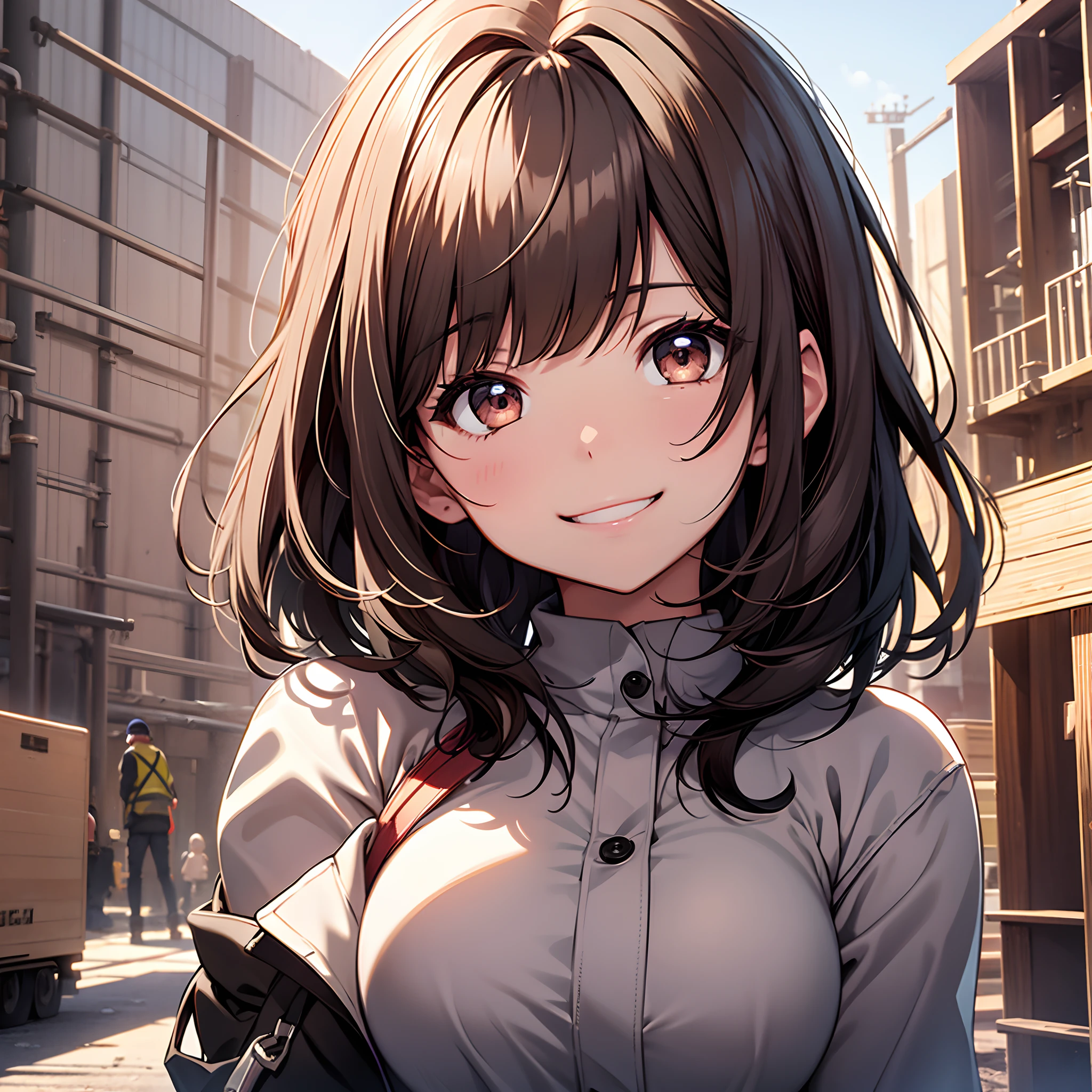 one girls、A dark-haired、Brown eye、Short Bob、Enlarged depiction of the upper body、masutepiece、Take a sip、超A high resolution、Construction site、Smile and signal、Smile with your mouth wide open、Cute smile、Detailed limb depiction、