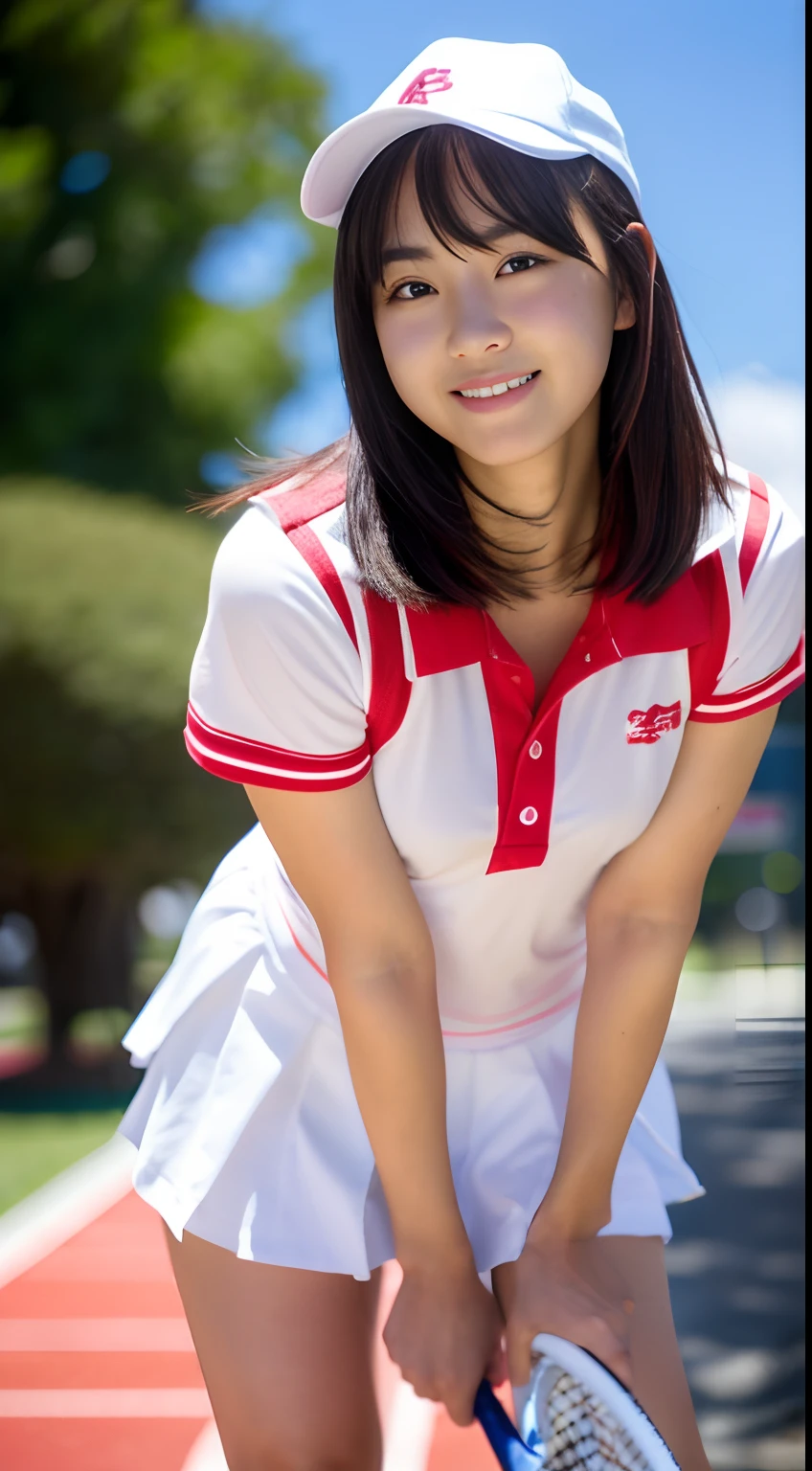 Best-Quality, Masterpiece, Ultra-High-Resolution, (Photorealistic:1.4), Raw-Photo, Hyper-Detailed, 1girl, Japanese famous idol and Japanese famous tennis player, (wearing colorful tennis uniform and white cap), cowboy shot, (innocent smile, dynamic pose), ((extremely cute face like a the most popular Japanese idol, amazingly beautiful big black eyes, beautiful black hair)), very beautiful medium breasts, very beautiful white skins, perfect short body, beautiful thighs, detailed face, detailed eyes, detailed hair, detailed lips, detaile tennis uniform, detailed breasts, detailed short body, detailed thighs, detailed white skins