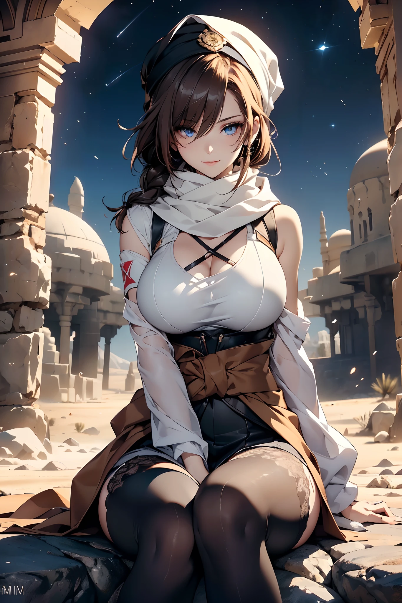 (Cinema image board:1.3), a matured woman with long black hair and a white outfit, (at a rock place in a desert:1.3), (resting in oasis under starly sky:1.2, sitting Indian-styles:1.1, with spreading legs:1.5, opening legs and rising knee:1.5, with cross-legged:1.3, with arm pit, in front of Arabic ruins:1.2), Arabic, (Post apocalyptic:0.2), from arknights, artwork in the style of guweiz, bodyesbian, fine details. girls frontline, beautiful anime illustration, from girls frontline, by Yang J, stunning, 26 years old, (milf:1.3), (solo:1.5), (sfw:1.25), sagging breast, fuge breasts, big tits, thin waist, big ass:1.2, Raised sexy, (dark mahogany medium short hair, updo, hair over one eye, asymmetric hair, Carly hair, low tied braids),(musulman, white Headscarfs, hair bands, head vandage, Turban), (ultra high resolution, 8K RAW photo, photo realistics, thin outline:1.3, clear focus), best qualtiy, natural lighting, textile shading, blurry back ground, field depth, bokeh, (Bright pupils, fine detailed beautiful eyes with highlight:1.3, high detailed face), Red lip, fine realistic skins:1.1, looking down viewers:1.3, (dynamic angle:1.3, front view:1.1, breast focus:1.3, from below:1.2), (dynamic posing:1.5, sexy posing:1.2, leaning forward), (seductive smiling:1.3), centered image, (wearing white long jacket and clothes, wearing white robes:1.3, ((bare breast:1.37)), platinum ornaments, rolling white clothes around waist, camel-brown long leather boots:1.3, translucent lace pantyhose), ((correct anatomy:1.5)), ((outdoor:1.2, in a night:1.3)),