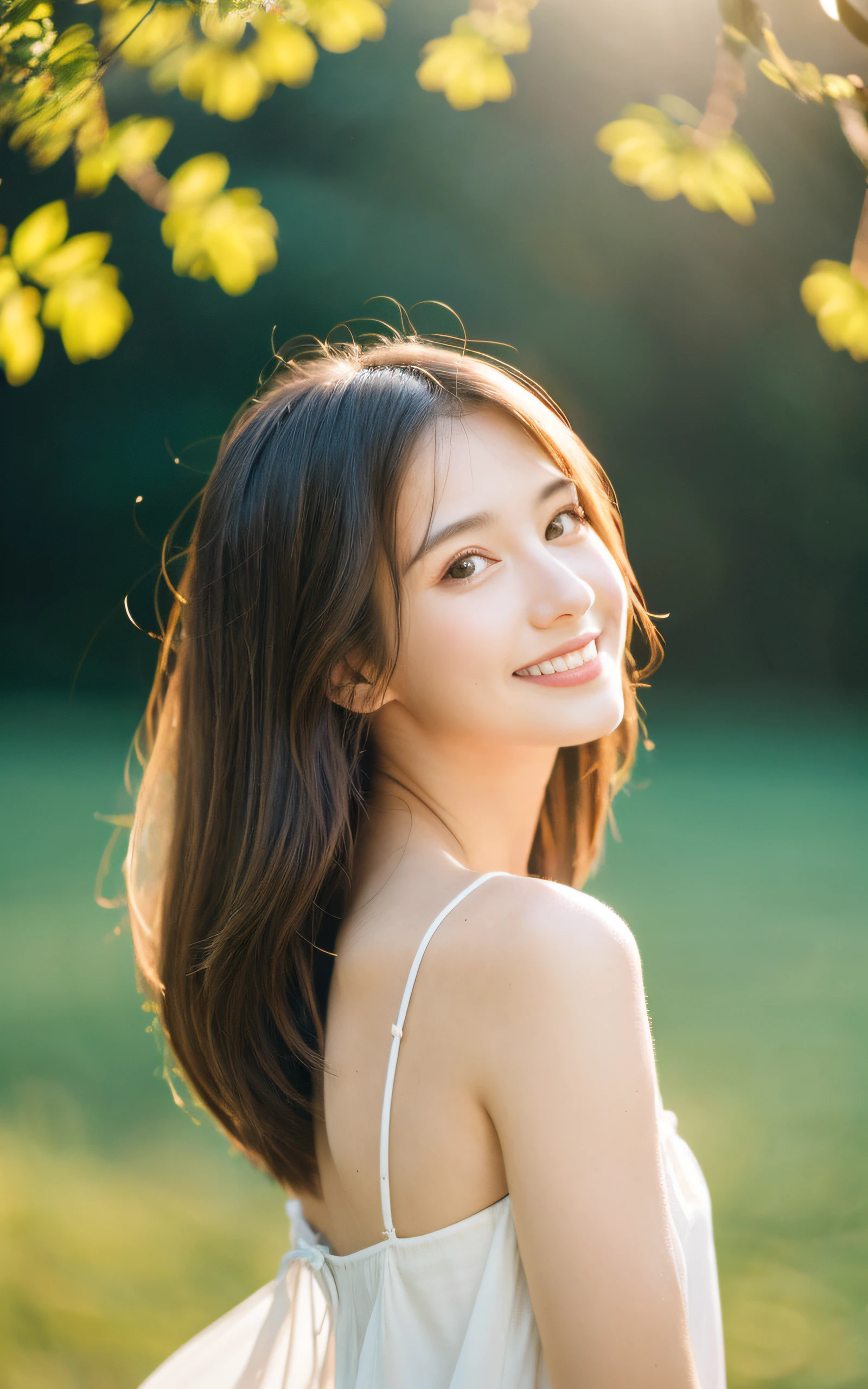 Best quality, masterpiece, ultra high res, (photorealistic:1.4), raw photo, 1girl, white dress, off shoulder, blossom violet flower field, glowing skin, light smile