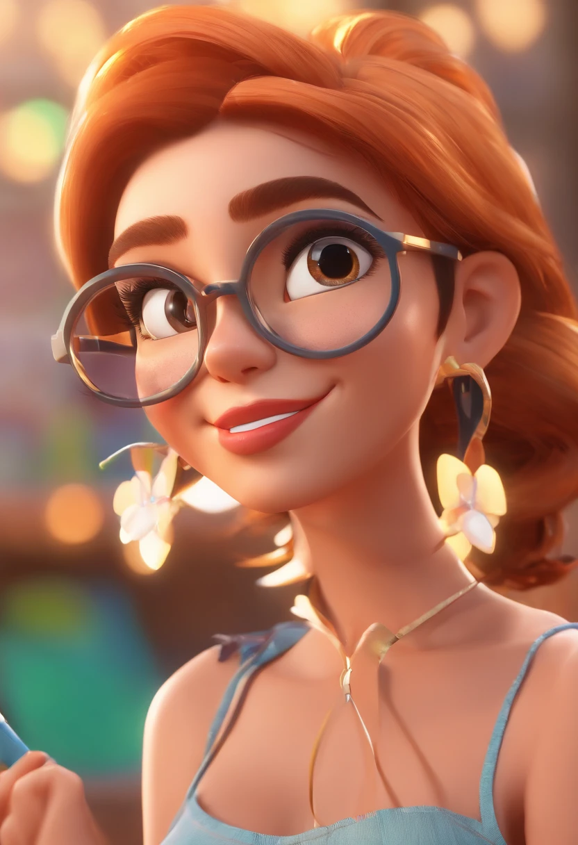 Smiling illustrator, psychologist-style, with a beautifully perfect and aligned smile, an enticing gaze, a slender nose, medium lips, a woman who wears glasses and has a tan complexion with a flawless smile, long and straight black hair, with a nose piercing and wearing a hoop earring. She has a face with a slightly square chin. A cheerful girl. A stylized character, rendered in an animated style, stylized 3D, Arnold Maya render, stylized 3D rendering, toon-style KeyShot rendering, 3D character, 3D character, stylized 3D rendering, 3D character rendering, cartoon character, close-up character, character pose, (Pixar style) (masterpiece: 1.2) (Bokeh) (best quality) (detailed skin) (detailed texture) (8k) (clay) (cinematic lighting) (sharp focus), holding a valuable folder and pen.