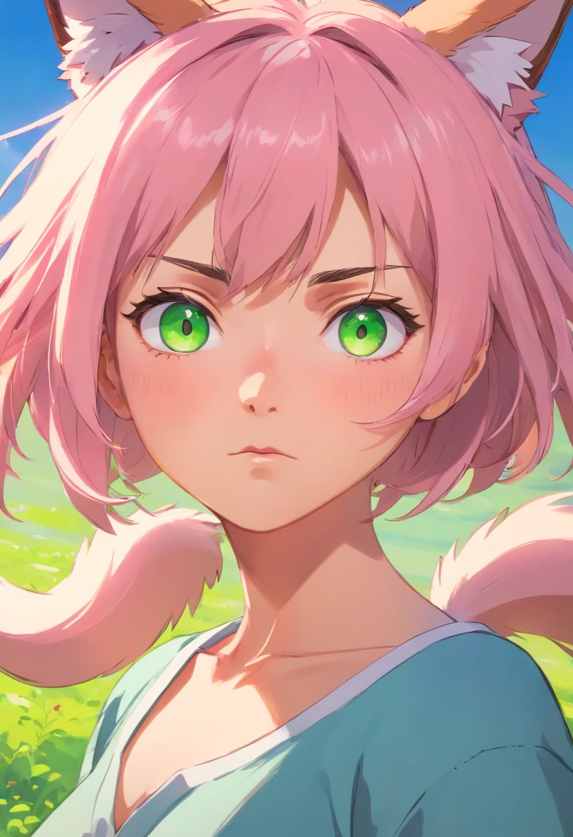 (masterpiece), best quality, expressive eyes, perfect face, 
best shadows, best light, most detailed face, most detailed eyes, so beautiful eyes, very high hd art, very detailed hair, very current colors, most detailed quality, neon green eyes, light eyes, short hair, peach-pink color hair, big and detailed fox ears, negro skin girl, angry, half-turned portrait