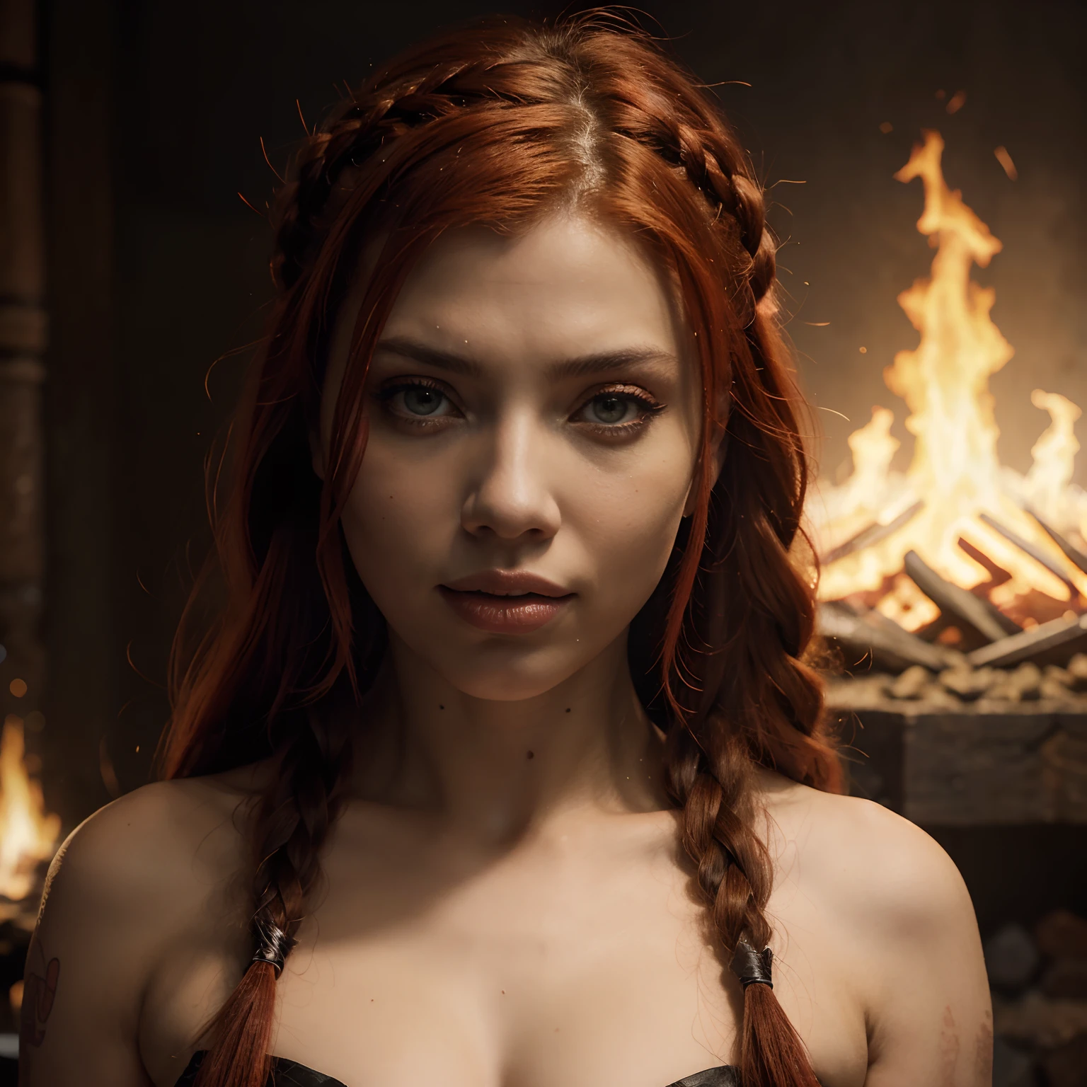 Berserker, barbarian woman(Scarlet Johansson),  Arte de Fantasia, of his gaze alone enemies beginning to panic, one head, devilish smile, besta do inferno, demonio, White Fire Sky, guerreira, com foice e escudo, Linda, Mulheres, Werelion, Long red braided hair, olhos dourados brilhantes, realista, altamente detalhados, Motor irreal, 8k de luxo