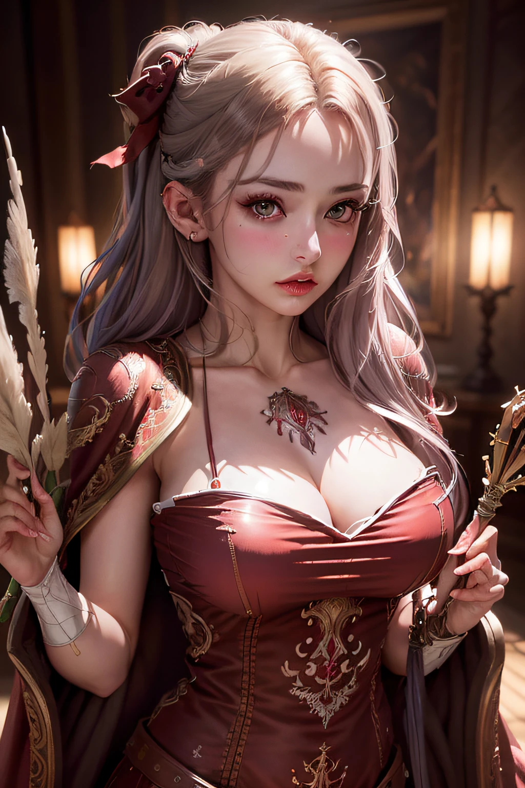 ((masterpiece))), (((best quality))), ((ultra-detailed)), (hyperrealistic), (highly detailed CG illustration), cinematic light, photorealistic ,extremely beautiful young lady, light makeup, big breast, intricate detailed eaba, red cape, spear