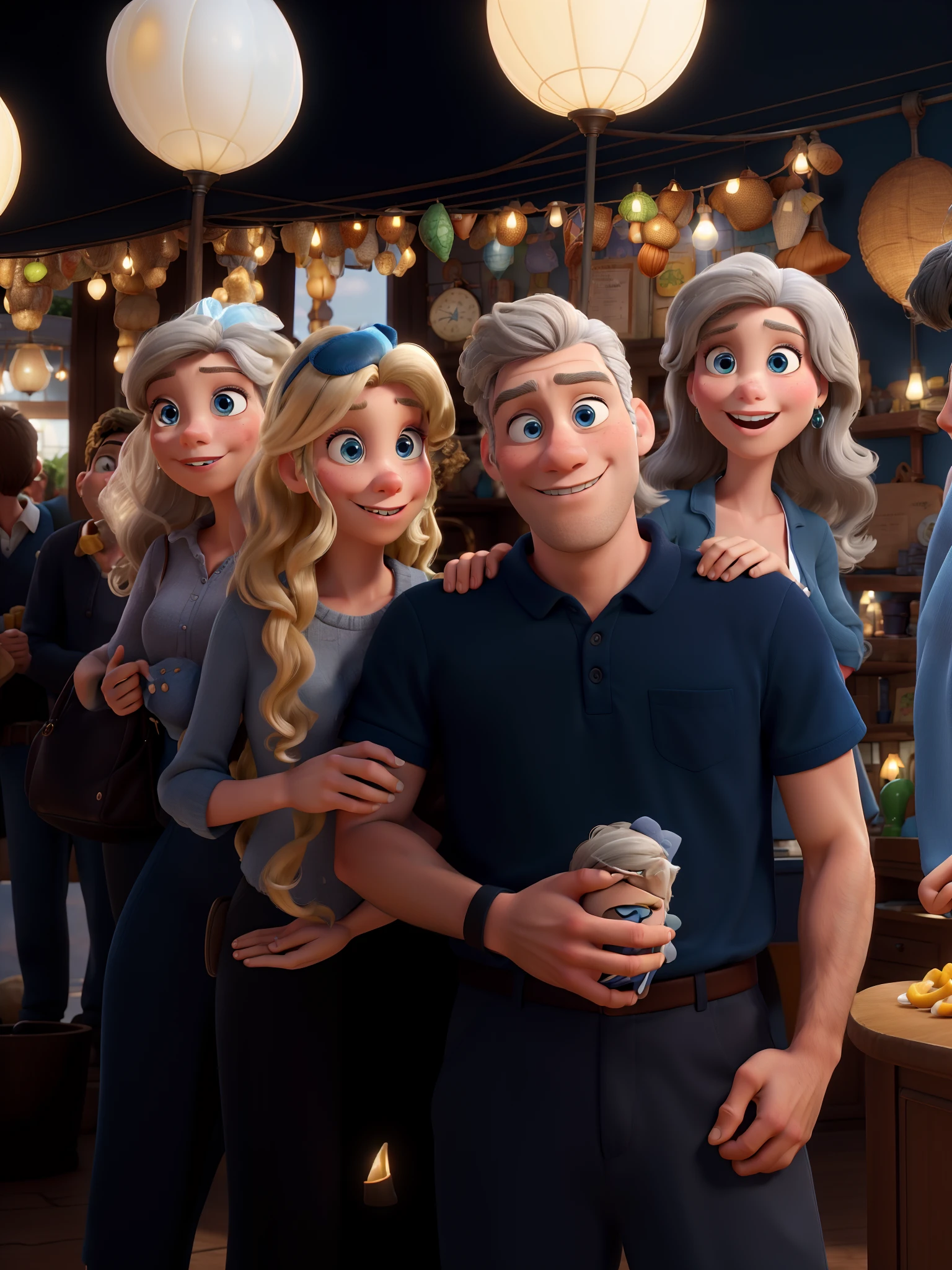 Obra-prima ao estilo Disney/Pixar in high quality and high resolution. The woman in the front is blonde and the man has gray hair, The girls on the sides are blue-eyed twins