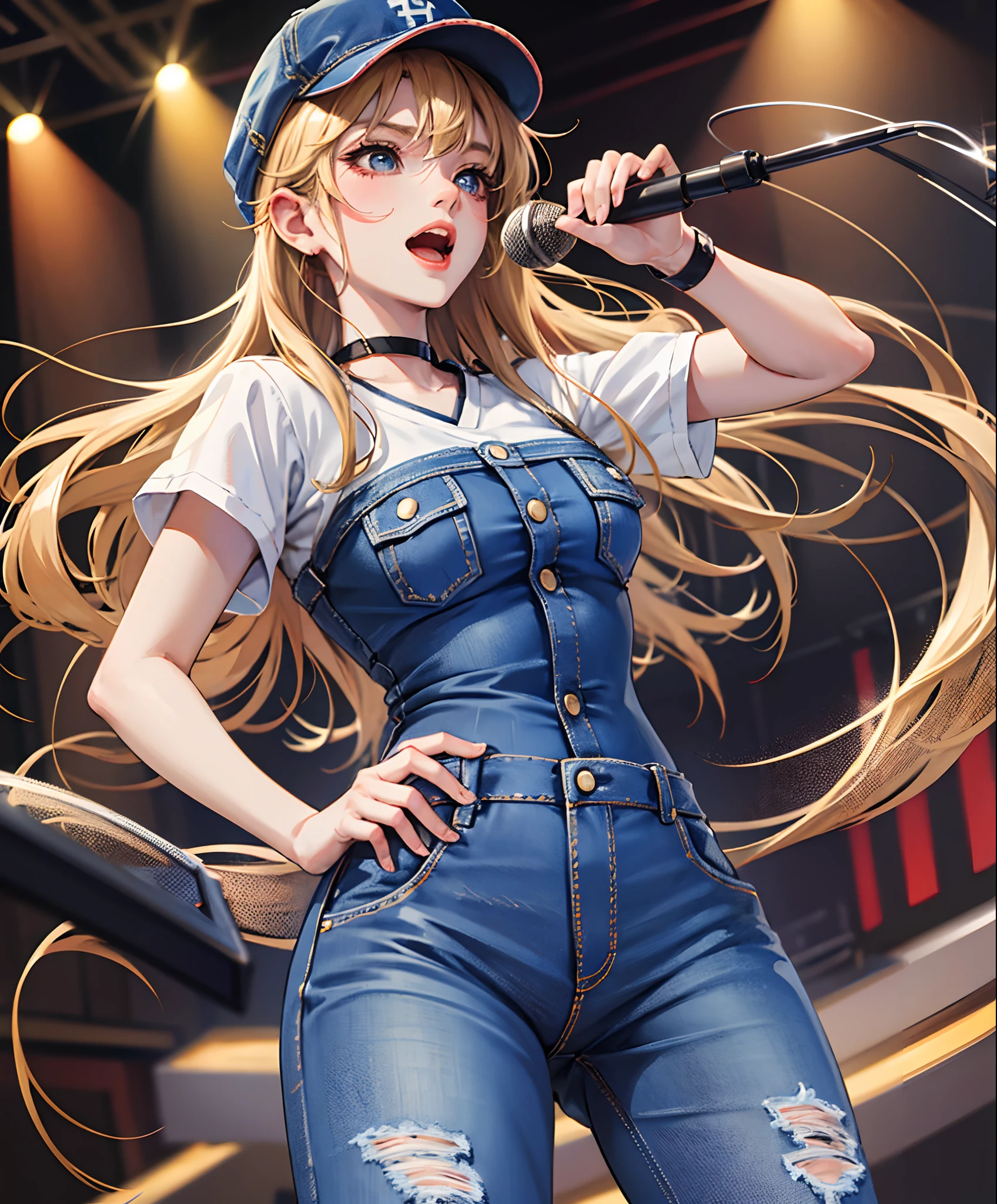 (Highest image quality)Delicate face,An anime girl,Energetic girl on stage,Wear jeans,With a cap,holding microphone in hand,Singing