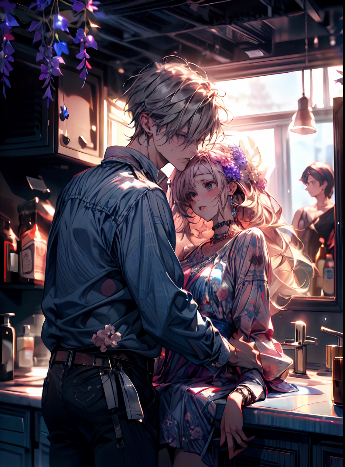 ((absurdres, higher, ultra HD)) 1 male, 1 female,mature, kissing each other, girl is sit on the wash basin, guy is front of her slightly bend towards her, man is shirtless, wearing blue jeans ,woman wearing beautiful pink dress, wisteria flower around them, beautiful, scenary, romantic,((calm and romantic expression:1.2)) ,pixiv, digital painting, mascular man, beautiful elegant woman, (gray stylish hair for man), (brown long hair for woman)
