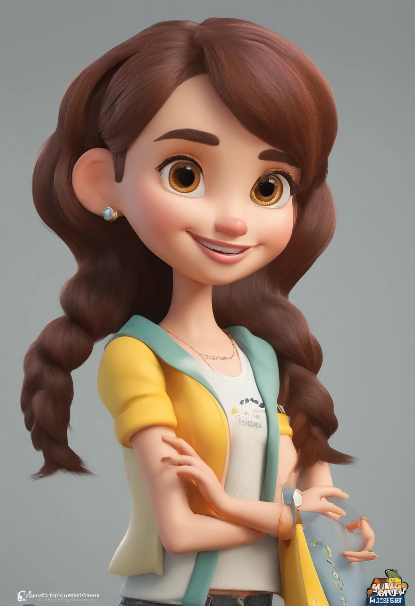Smiling illustrator, psychologist-style, with a beautifully perfect and aligned smile, an enticing gaze, a slender nose, medium lips, a woman who wears glasses and has a tan complexion with a flawless smile, long and straight black hair, with a nose piercing and wearing a hoop earring. She has a face with a slightly square chin. A cheerful girl. A stylized character, rendered in an animated style, stylized 3D, Arnold Maya render, stylized 3D rendering, toon-style KeyShot rendering, 3D character, 3D character, stylized 3D rendering, 3D character rendering, cartoon character, close-up character, character pose, (Pixar style) (masterpiece: 1.2) (Bokeh) (best quality) (detailed skin) (detailed texture) (8k) (clay) (cinematic lighting) (sharp focus), holding a valuable folder and pen.
