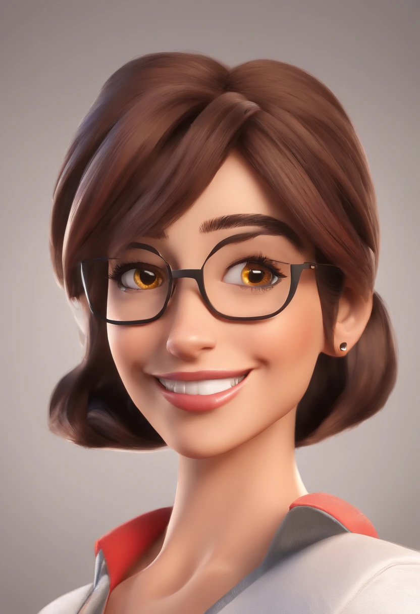 Smiling illustrator, psychologist-style, with a beautifully perfect and aligned smile, an enticing gaze, a slender nose, medium lips, a woman who wears glasses and has a tan complexion with a flawless smile, long and straight black hair, with a nose piercing and wearing a hoop earring. She has a face with a slightly square chin. A cheerful girl. A stylized character, rendered in an animated style, stylized 3D, Arnold Maya render, stylized 3D rendering, toon-style KeyShot rendering, 3D character, 3D character, stylized 3D rendering, 3D character rendering, cartoon character, close-up character, character pose, (Pixar style) (masterpiece: 1.2) (Bokeh) (best quality) (detailed skin) (detailed texture) (8k) (clay) (cinematic lighting) (sharp focus), holding a valuable folder and pen.