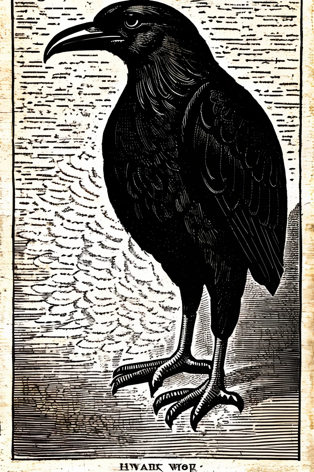illustration of a haughty crow, black and white, perfect illustration, engraving style, vintage style, perfect feet, no background, just one crow