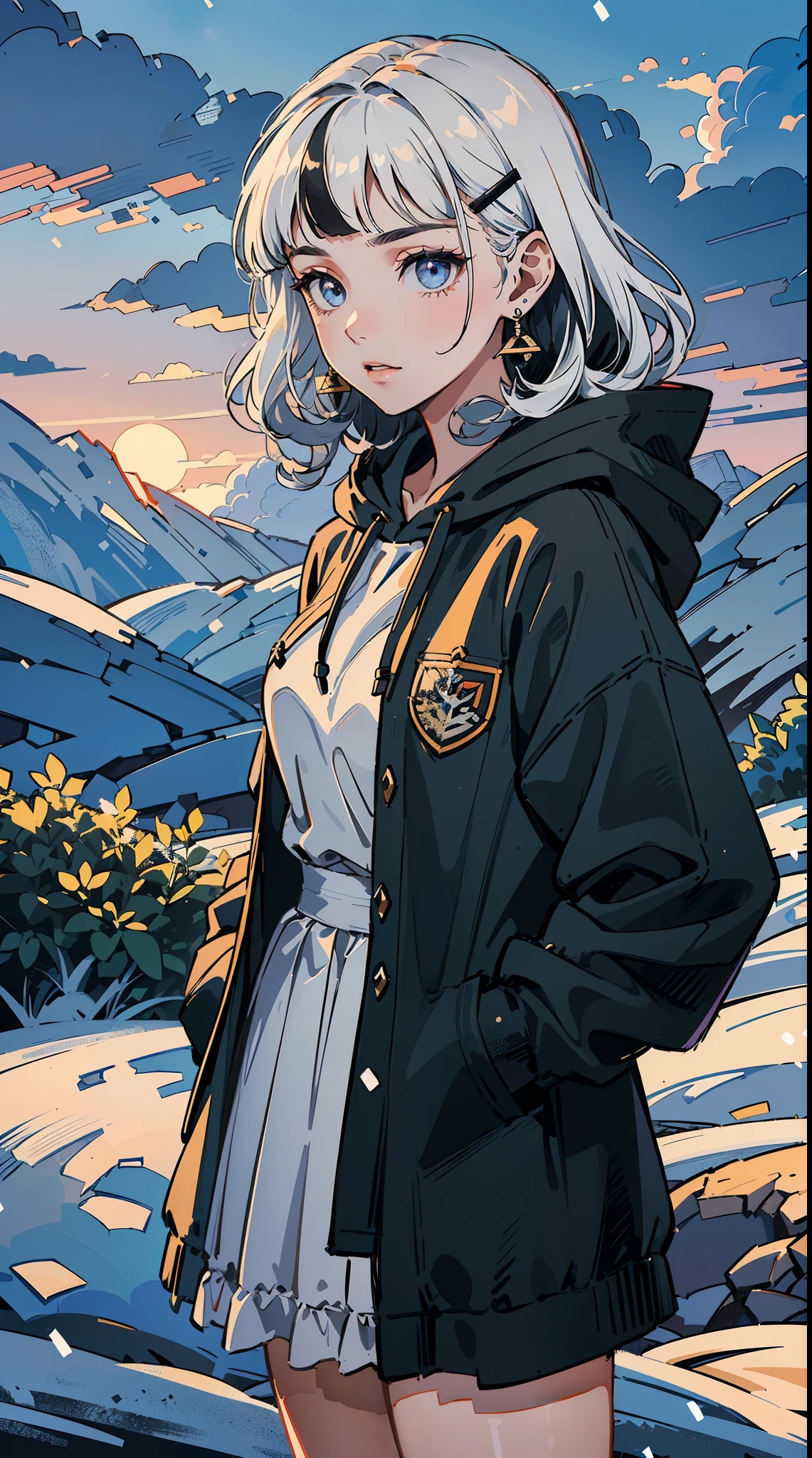 ((((frills,large black hoodie,))))((hands in pockets,))(Masterpiece illustration,Beautiful and aesthetic:1.2,head up,aim to sky), Best quality,Top quality, Epic quality,((((nature,on a hill with snow,the top of the hill   ,outdoor,cloudy,))))(beautiful purple sunset,moonlight,moon glare, god light, from above:1.3,))Neat face,underage,mature,Beautiful detailed hair，white hair，hyper HD, retinas, Textured skin, A high resolution, 16k ，((hairclip,blunt bangs,sidelocks,middle hair，natural curly hair)),Detailed face, 1JK, lady,Solo, Perfect face, Very amazing girl,((covered by thin translucent cloth,skindentation,high waist skirt,black streaked blue coat,large cloak,metal earrings,spiral earrings)),rim-light