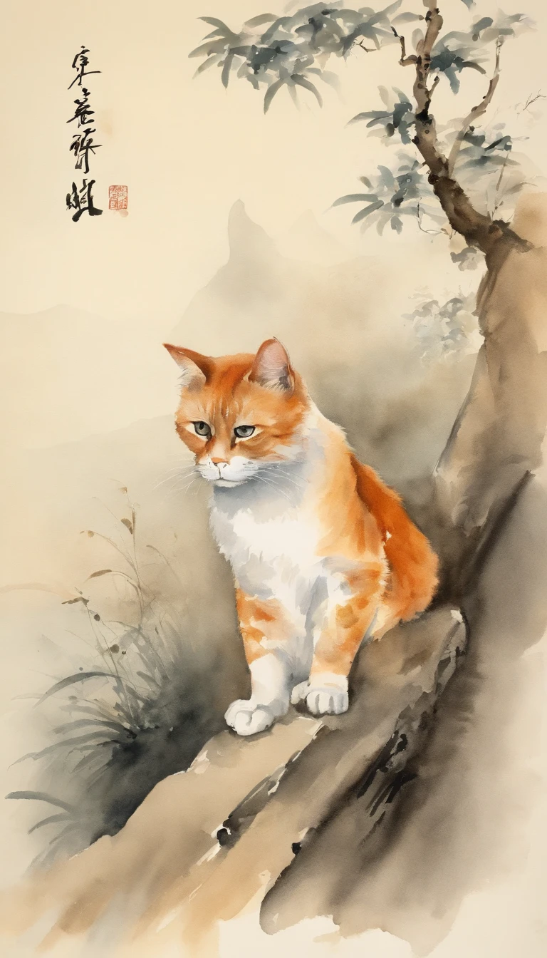 An orange cat sits on a rock under a tree, Chinese watercolor style, Chinese painting style, Chinese style painting, Traditional Chinese Ink Painting, author:the sea, Traditional Chinese painting, author:Shen Mao, author:Park Hua, author:You as a man, author:Dai Jin, author:author:Qu Leilei, Chinese ink painting, by Ai Xuan