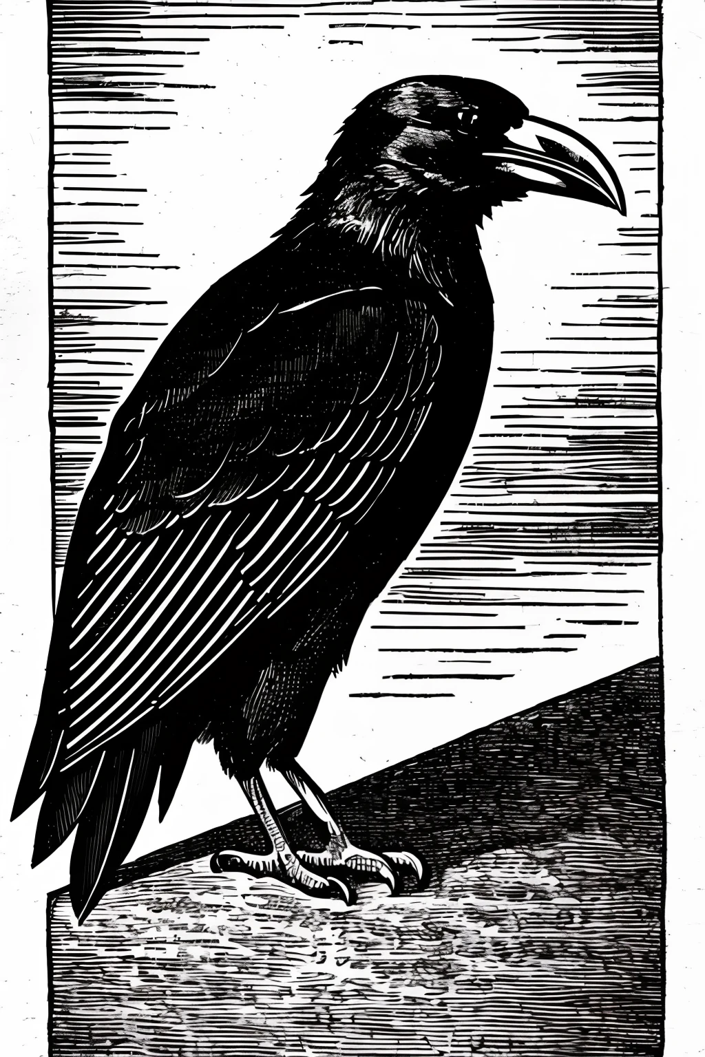 illustration of an evil crow, black and white, perfect illustration, engraving style, vintage style, perfect feet, no background, just one crow