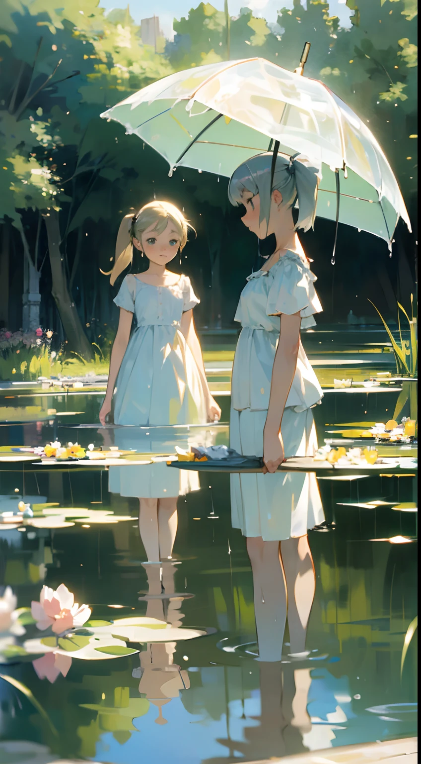 In Claude Monet style, Impressionism, (2girls), white camisole, 14 years old, one girl is short silver hair, one girl is blond pony tail, pond, ((wet)) curtsey