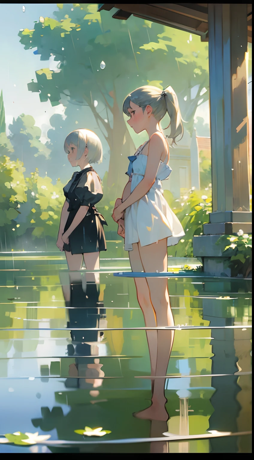 In Claude Monet style, Impressionism, (2girls), white camisole, , one girl is short silver hair, one girl is blond pony tail, pond, ((wet)) curtsey