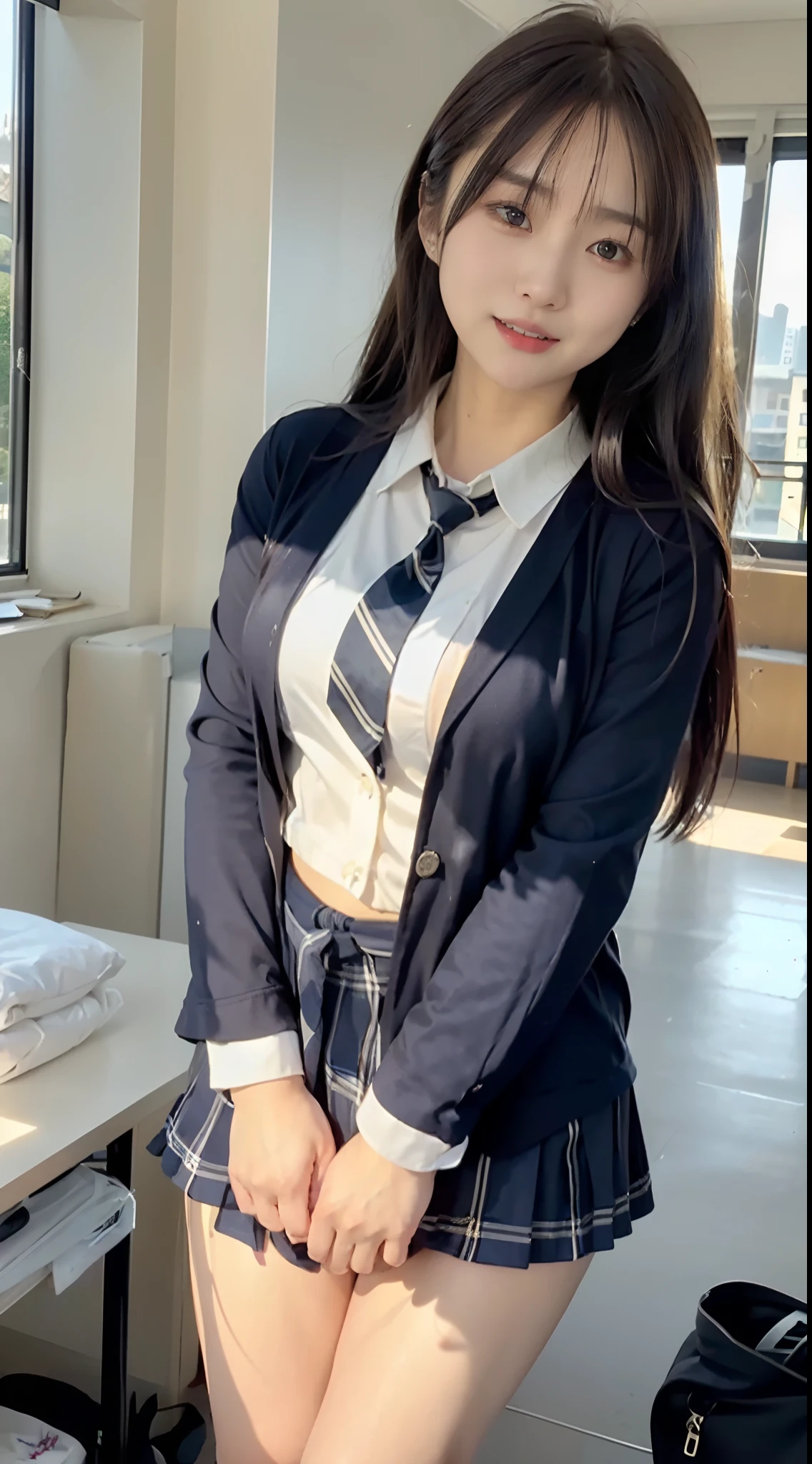 mix4, (16 K, Raw photography, Top image quality, masterpiece: 1.45), (realisitic, Photorealsitic: 1.37), one girls, cute little, A city scape,, profetional lighting, photon maping, school classrooms, physically-based renderingt, dark brown hair,pony tail hairstyle, Well-groomed and beautiful eyes、((二重まぶた))、Transcendent Cute Girl, (((student clothes、blazers、Long sleeve shirt worn by Japan high school girl、Ribbon Ties、Dark blue mini skirt,、Dark blue socks、Black loafers))), Top Quality Photos, hight resolution, 1080p, (clearface), (Detailed face description), (Detailed hand description), (masterpiece), (Exquisite CG)、extreme light and shadows、dishevled hair、master work、abundant detail、(Fine facial features)、(top quality photo)、(masuter piece)、(A detailed eye)、Look in front of you、Fine clavicle、((Slender big))、(((Japan schoolgirls wear jackets and long-sleeved shirts)))、((Neat and clean idol))、((School Gate、school ground、School building in the background))、(Shooting from random perspectives)、(((Anyway cute)))、耳?????? Ring、A big smile、Drawing the whole body from the knees、Do not draw nasolabial folds、(((Sports bags used by Japan schoolgirls)))、(Big breasts that hang down big:1.2)、Big buttocks with tension、Two arms and two legs、(((from the front side:0.7)))、bare hand、(((Left and right symmetrical eyes)))、Standing Pose、Put your hands on your desk、Do not take the tie out of the jacket、Raise your buttocks:1.5,barebacked:1.5,