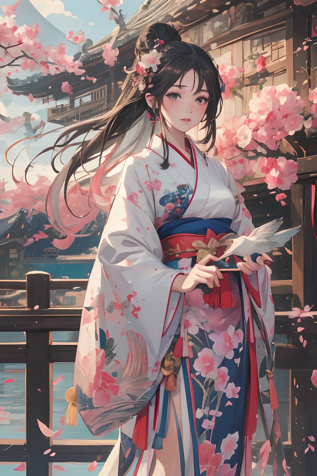 Anime girl in kimono dress，With a fan and a bird, Palace ， A girl in Hanfu, by Yang J, A beautiful artwork illustration, Beautiful character painting, Guviz-style artwork, Beautiful anime artwork, Guweiz in Pixiv ArtStation, Anime fantasy illustration, Guviz, Beautiful digital artwork, flowing hair and long robes