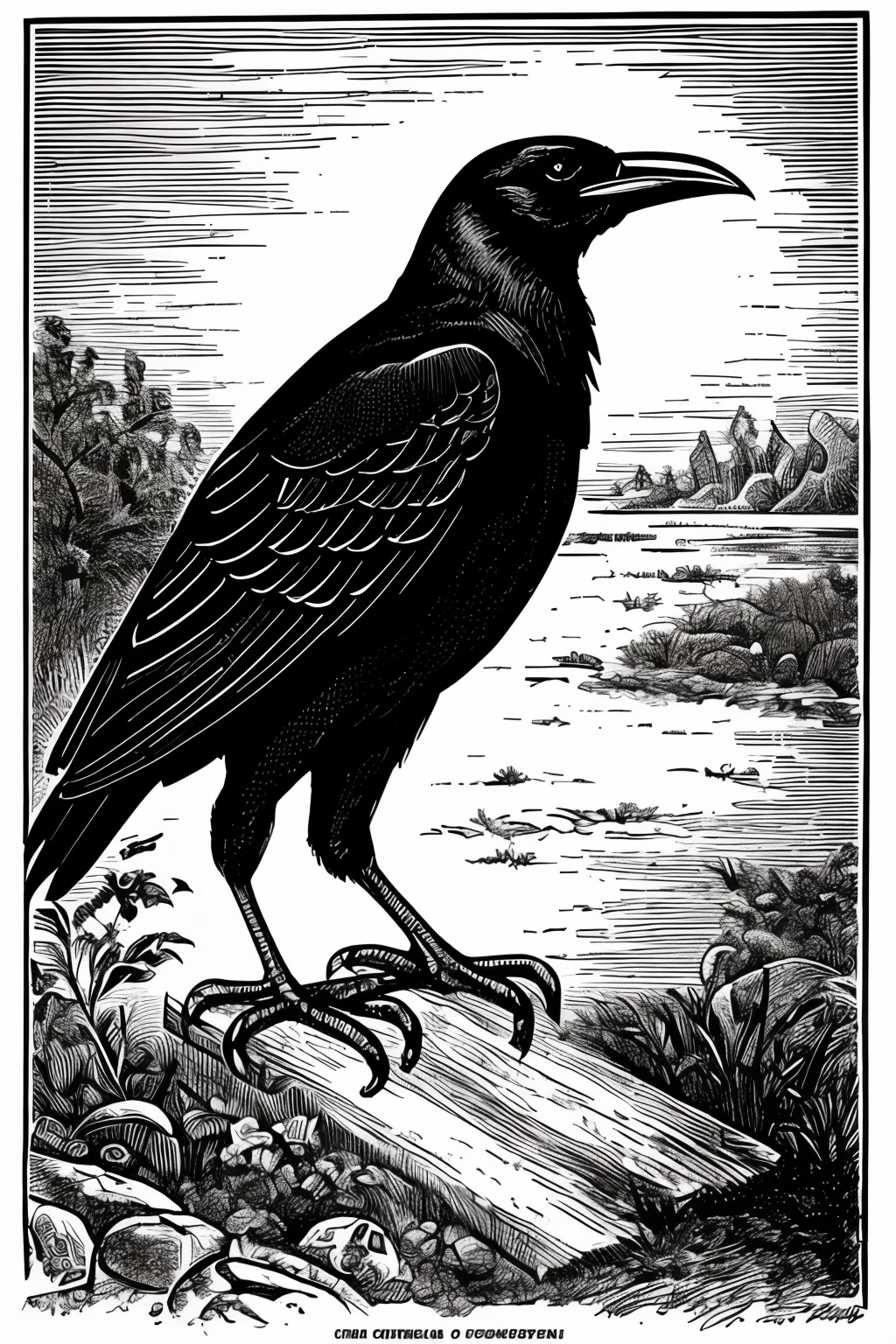 illustration of an evil crow, black and white, perfect illustration, engraving style, vintage style, perfect feet, no background, just one crow