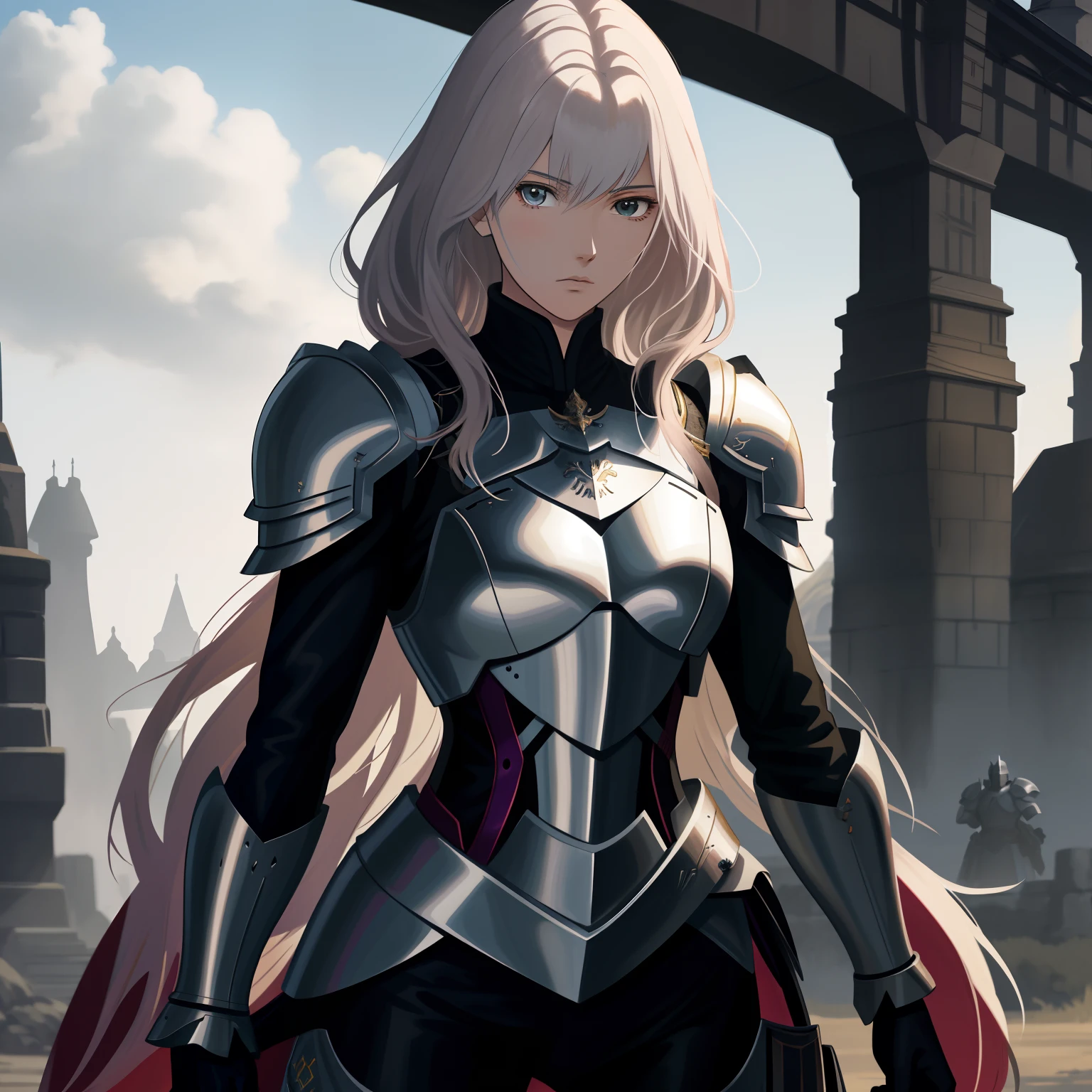 Anime - style image of a woman knight in armor standing in front of a bridge, gorgeous female paladin, de uma bela cavaleiro feminina, cavaleiro feminino bonito, cushart krenz arte chave feminina, cavaleiro feminino, Retrato do Paladino Feminino, arte de personagem impressionante, retrato cavaleiro feminino, female paladin, epic exquisite character art, menina na armadura do cavaleiro, Menina da armadura