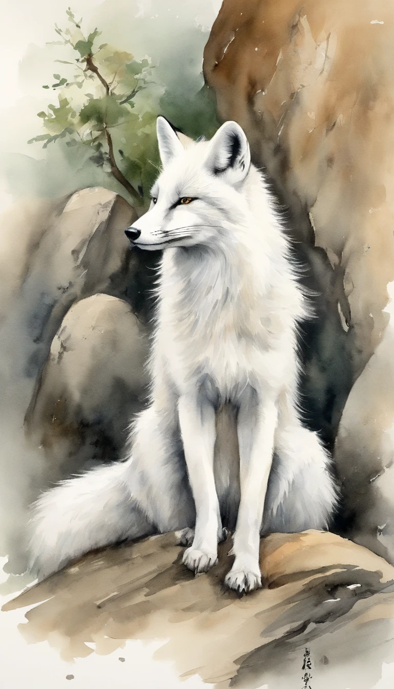 A white fox sits on a rock under a tree, Chinese watercolor style, Chinese painting style, Chinese style painting, Traditional Chinese Ink Painting, author:the sea, Traditional Chinese painting, author:Shen Mao, author:Park Hua, author:You as a man, author:Dai Jin, author:author:Qu Leilei, Chinese ink painting, by Ai Xuan