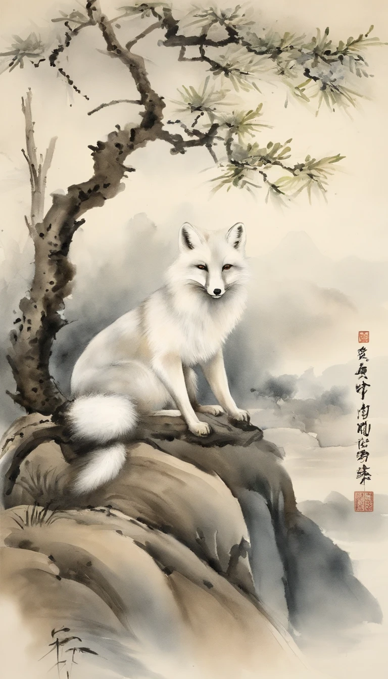 A white fox sits on a rock under a tree, Chinese watercolor style, Chinese painting style, Chinese style painting, Traditional Chinese Ink Painting, author:the sea, Traditional Chinese painting, author:Shen Mao, author:Park Hua, author:You as a man, author:Dai Jin, author:author:Qu Leilei, Chinese ink painting, by Ai Xuan