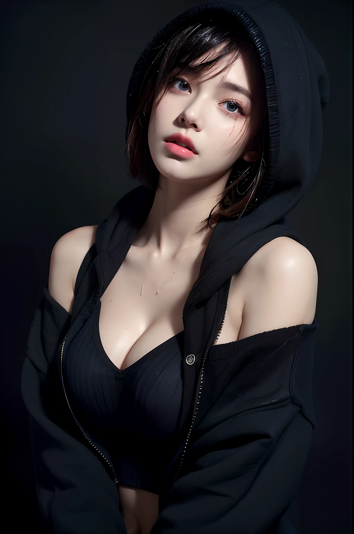 Ultra high resolution,Masterpiece,best quality, Perfect shiny skin, perfect light, lighting details, Stunning shadow, Ray tracing, 1 girl, black sweater, look at viewer, off shoulder, big breasts, The rift revealed, blue eyes, Sharp face, sharp eyes, long bangs, short hair, Village health worker, ((dark background)),  Oversized hoodie, wearing a black hoodie, Wearing an ugly black hood, wet (Sweating, soaking wet),