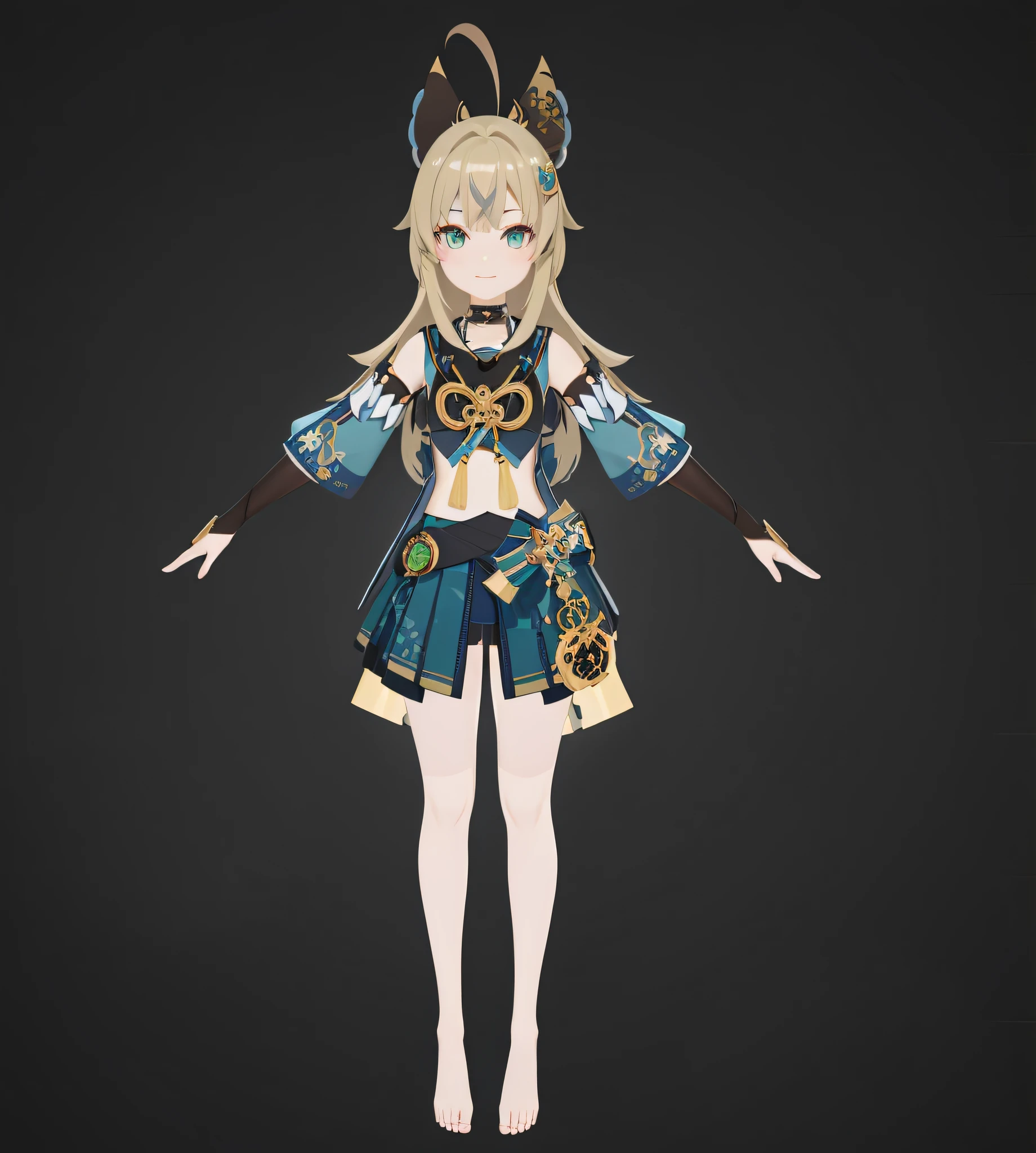 Anime - Stylistic image of a woman in a blue dress,There is a clock on the arm, render of a cute 3d anime girl, highly detailed character, live2d virtual youtuber model, anime styled 3d, hyper-detailed fantasy character, Ayaka Genshin impact, 3 D rendering character art 8 K, anime vtuber full body model, 3d anime girl