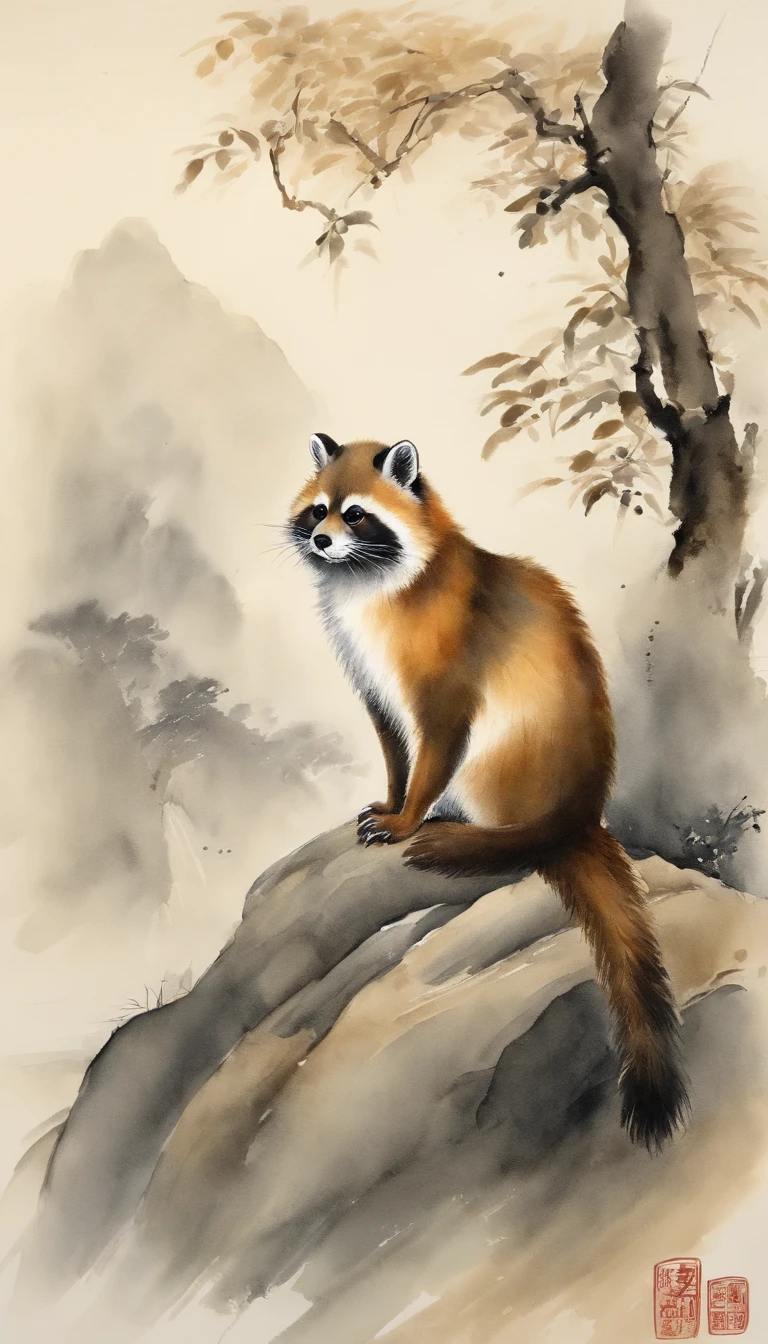 A tanuki cat sits on a rock under a tree, Chinese watercolor style, Chinese painting style, Chinese style painting, Traditional Chinese Ink Painting, author:the sea, Traditional Chinese painting, author:Shen Mao, author:Park Hua, author:You as a man, author:Dai Jin, author:author:Qu Leilei, Chinese ink painting, by Ai Xuan