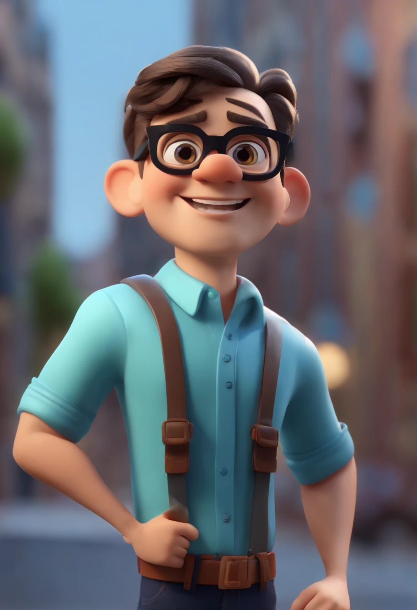 Cartoon character of a man wearing black glasses and a blue shirt, um personagem animado, Caractere estilizado, animation style rendering, 3D estilizado, Arnold Maya render, 3 d render stylized, toon render keyshot, Personagem 3D, Personagem 3D, 3d rendering stylized, 3 d character render, personagem de desenho animado, Personagem de close up, Pose de personagem,  (Estilo Pixar) (master part:1.2) (Bokeh) (best quality) (pele detalhada) (textura detalhada) (8k) (argila) (Cinematic lighting) (foco nítido
