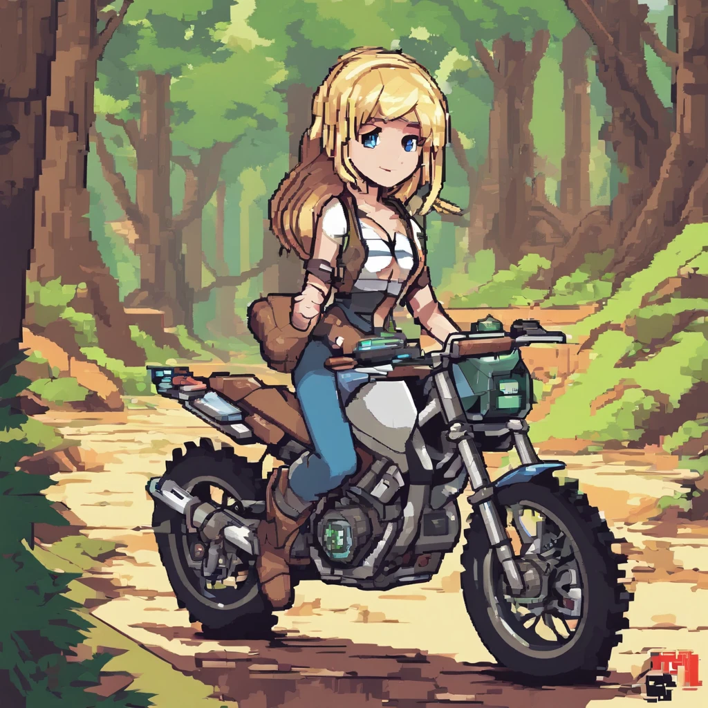 ((((Masterpiece)))), High quality, Very_High_Resolution, Large_filesize, Full color, Steampunk featuring a futuristic planet,, In a remote forest, A bustling alien market, and off-road bikes. The protagonist is a stunning upper body girl 1 person with short blonde hair Bob silver smile, Mechanized weapons. Wear a white vest, Distressed denim shorts, Engineer Boots, and riding dirt bikes.  Beauty,