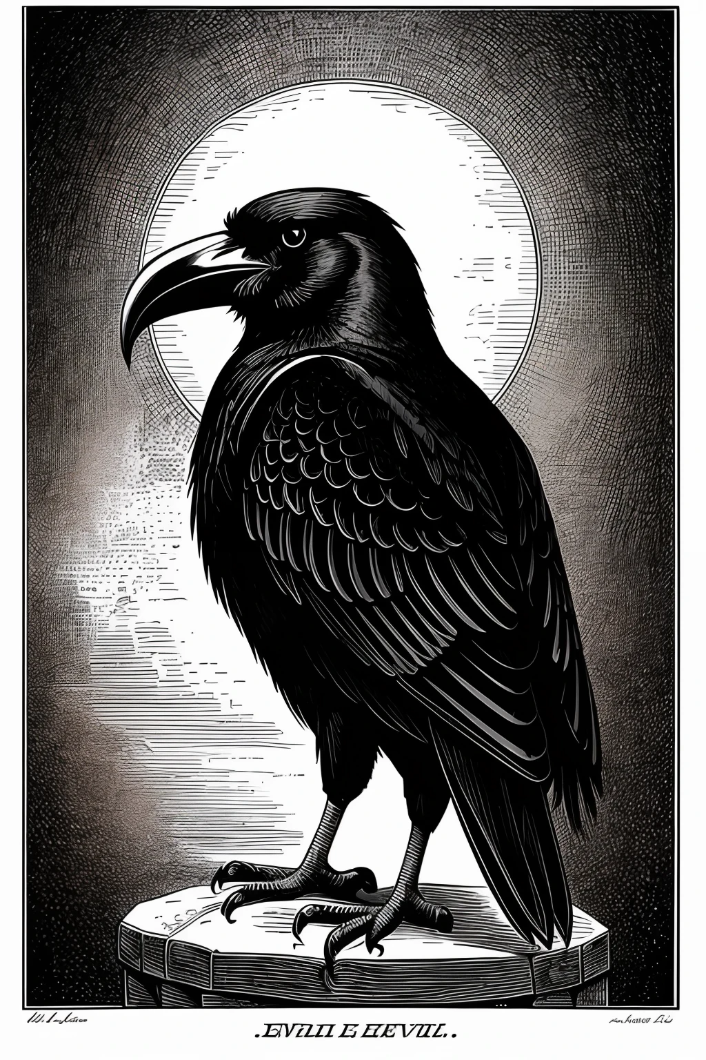illustration of an evil crow, black and white, perfect illustration, engraving style, vintage style, perfect feet, no background, just one crow