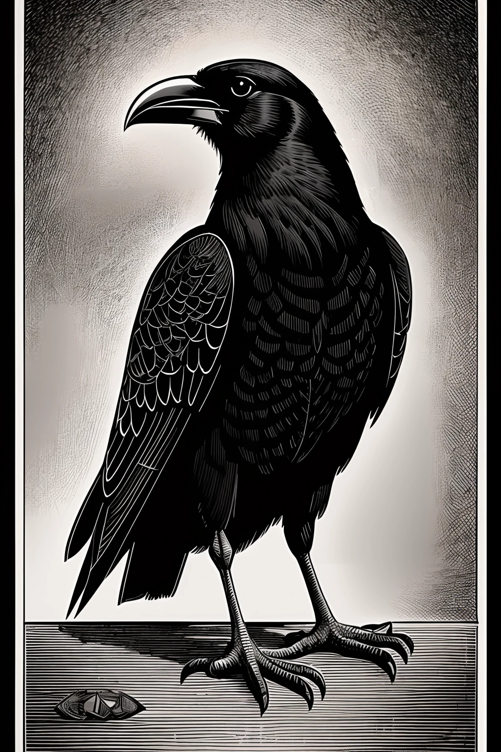 illustration of an evil crow, black and white, perfect illustration, engraving style, vintage style, perfect feet, no background, just one crow