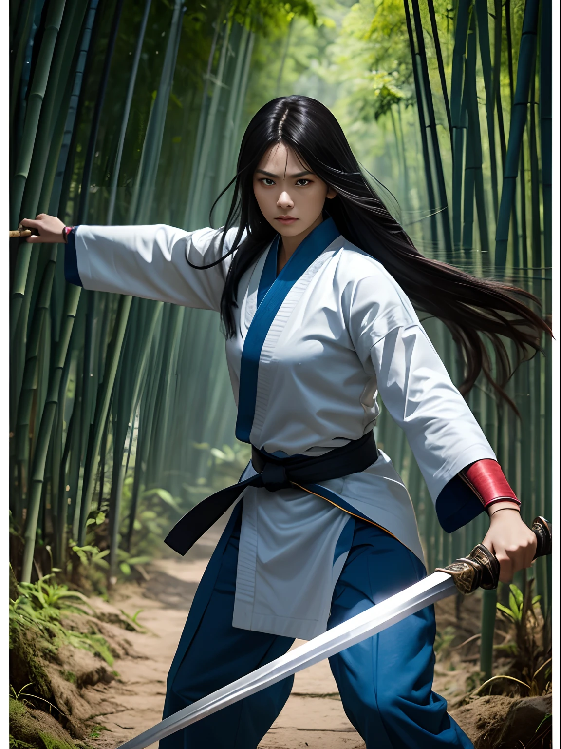 Ancient female warriors，Long hair with a shawl，The gaze is grim，Blue and white tunic，Holding a blue sword in his hand，Martial arts action，Fighting posture，bamboo forrest，Big wind，Depth of field 2.8