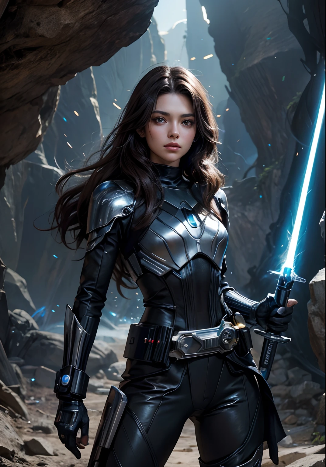 Upper body close-up image.A beautiful woman with a lightsaber stands in a spacious cave. Dark brown hair. long hair.She wears a black metallic battle uniform. There is something on the waist that reminds me of Kamen Rider's transformation belt. 8K image quality. A masterpiece.