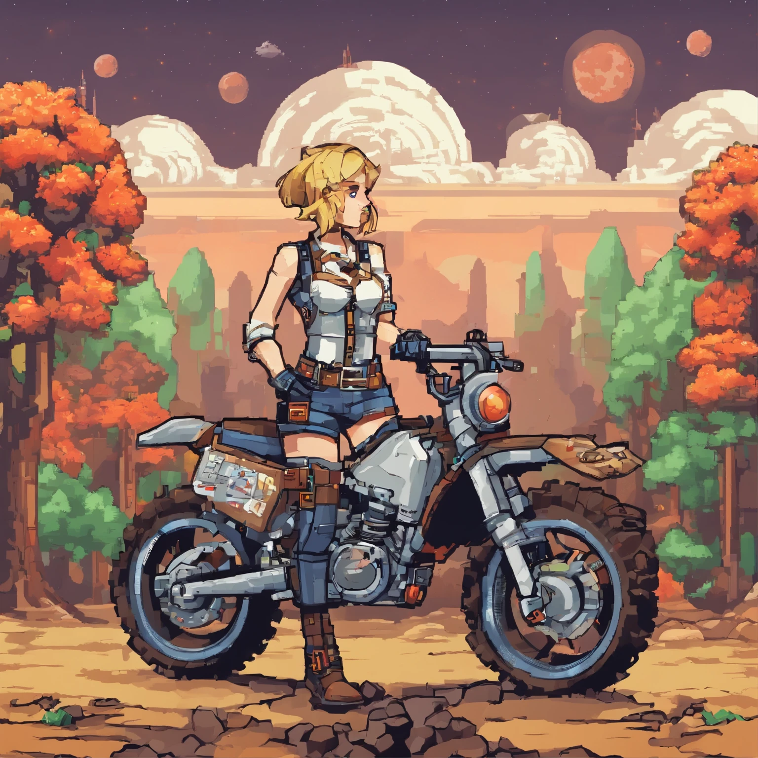 ((((Masterpiece)))), High quality, Very_High_Resolution, Large_filesize, Full color, Steampunk featuring a futuristic planet,, In a remote forest, A bustling alien market, and off-road bikes. The protagonist is a stunning upper body girl 1 person with short blonde hair Bob silver smile, Mechanized weapons. Wear a white vest, Distressed denim shorts, Engineer Boots, and riding dirt bikes.  Beauty,