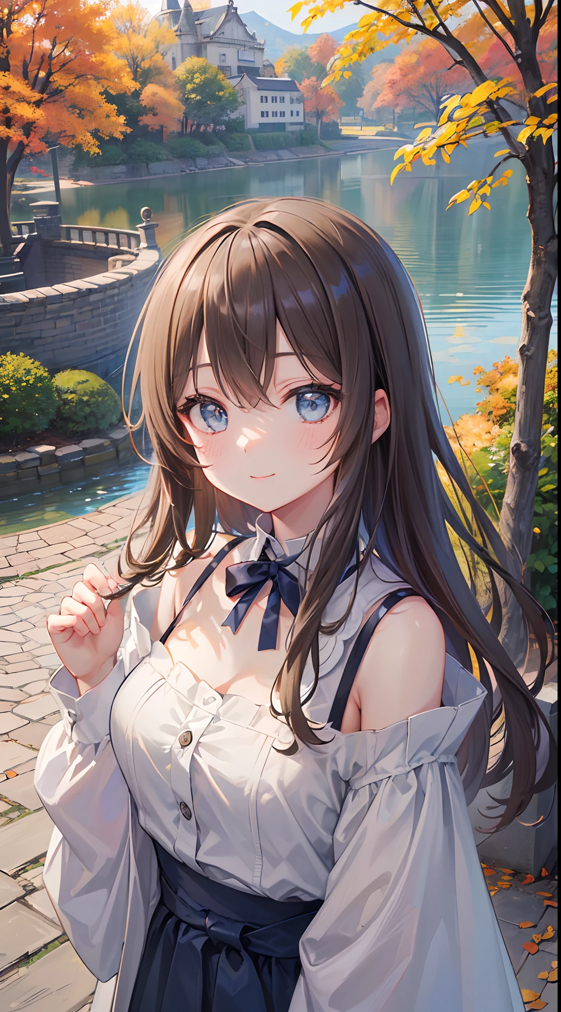 (top-quality), (​masterpiece)、(ultla detailed)、(Beautiful girl alone)、(cute little)、20yr old、takeout、(natta:1.3)、(Promenade in the nature park)、Sweaters、(off shoulders)、long-sleeve、(plein air)、(Lots of trees with autumn leaves)、(Lit up)、lightbrown hair、(blue eyess)、A detailed eye、Wide open eyes、A detailed face、A smile、Empty your mouth、Colossal tits、length hair、(upperbody shot)、Japan castle in the background、Walking、(Looking Up:1.3)