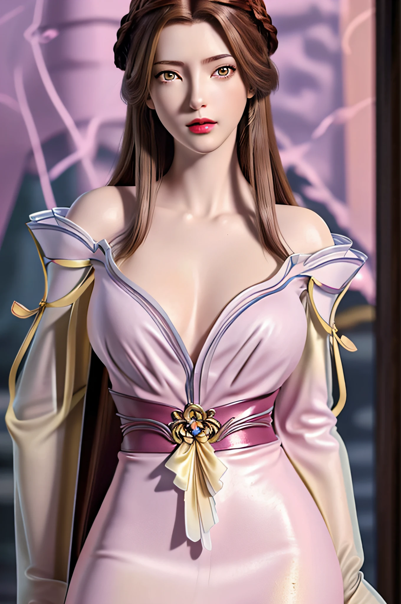 (hyperrealistic girl), (illustration), (high resolution), (8K), (extremely detailed), (best illustration), (beautiful detailed eyes), (best quality), (ultra-detailed), (masterpiece), (wallpaper), (photorealistic), (natural light), (rim lighting), (detailed face), (high detailed realistic skin texture), (anatomically correct), (solo), (1 girl), (high detailed realistic hair), (caramel hair:1.35), (heterochromic eyes), (detailed eyes), (light yellow eyes:1.37), (sparkling eyes), (realistic big breasts:1.5), (exposed breasts:1.35), (long legs), (slender abs), (dynamic pose), (closed tiny mouth:1.3), (nsfw), (concentrated expression), (topless), (natural pink lipstick:1.3)