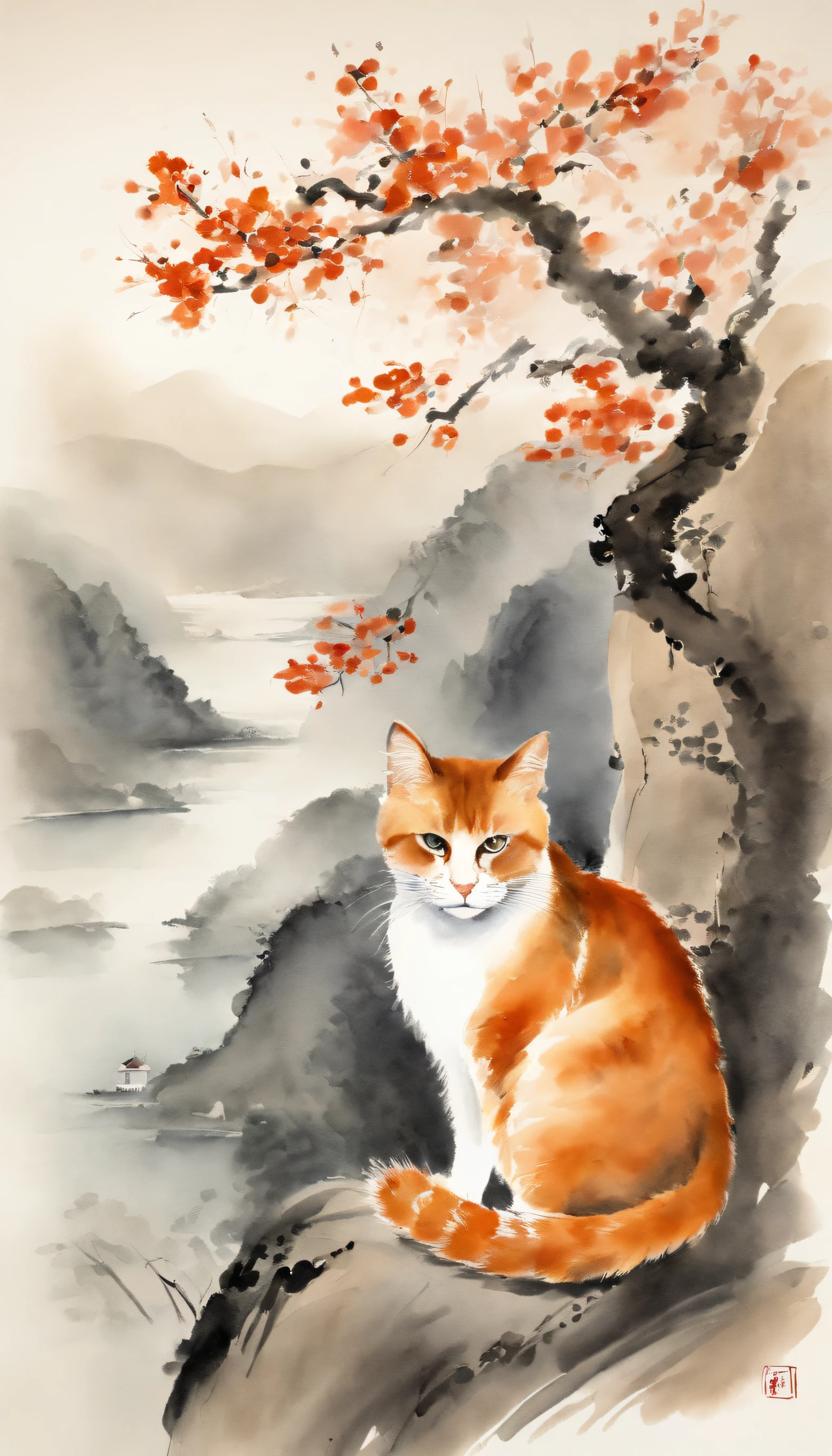 An orange cat sits on a rock under a tree, Chinese watercolor style, Chinese painting style, Chinese style painting, Traditional Chinese Ink Painting, author:the sea, Traditional Chinese painting, author:Shen Mao, author:Park Hua, author:You as a man, author:Dai Jin, author:author:Qu Leilei, Chinese ink painting, by Ai Xuan